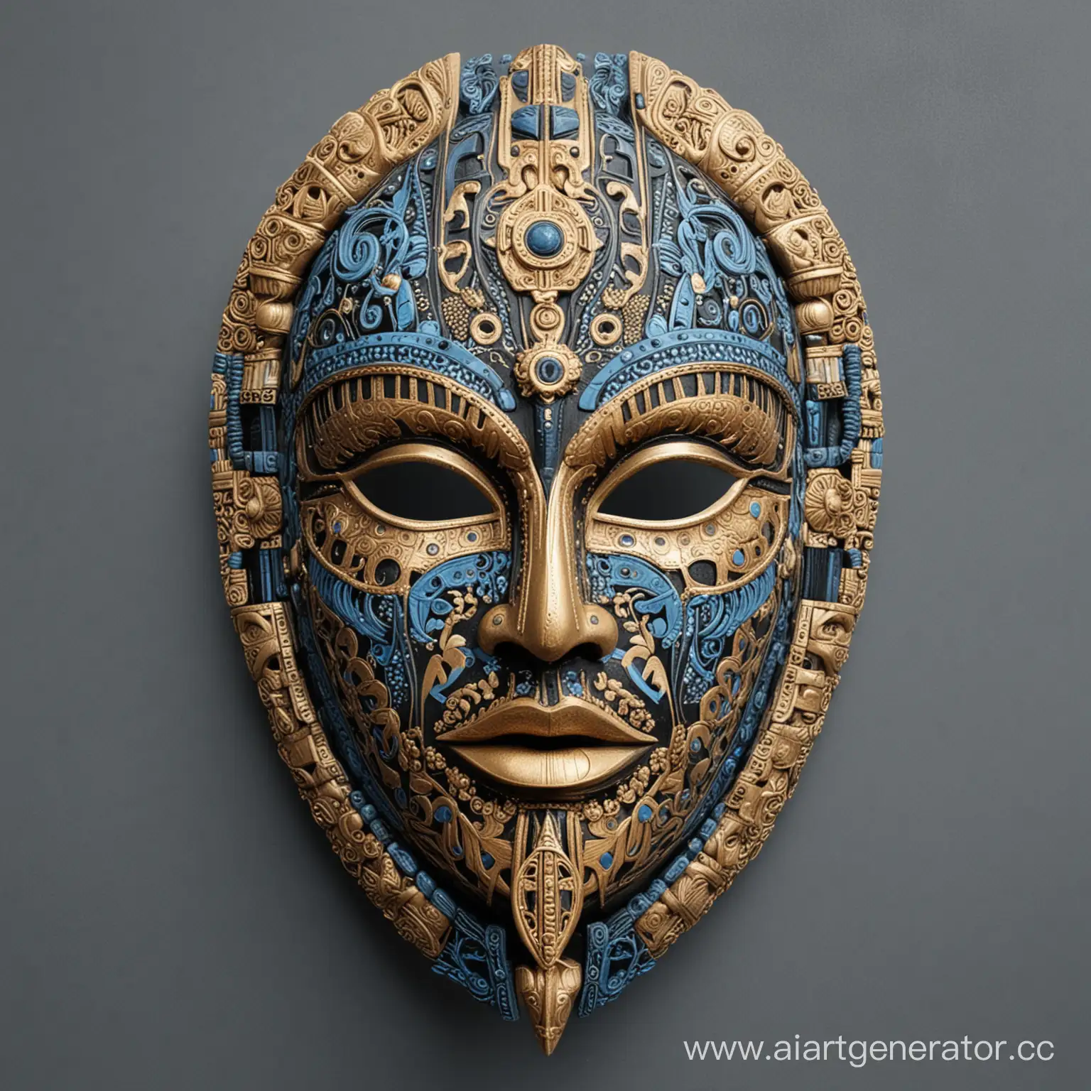 Большая интерьерная маска скандинавской вёллы , этническая ,символичная, симметричная, сложно выполненная,  со множеством деталей и фактур . Выполнена в черном, синем, голубом, бежевом, золотом цветах