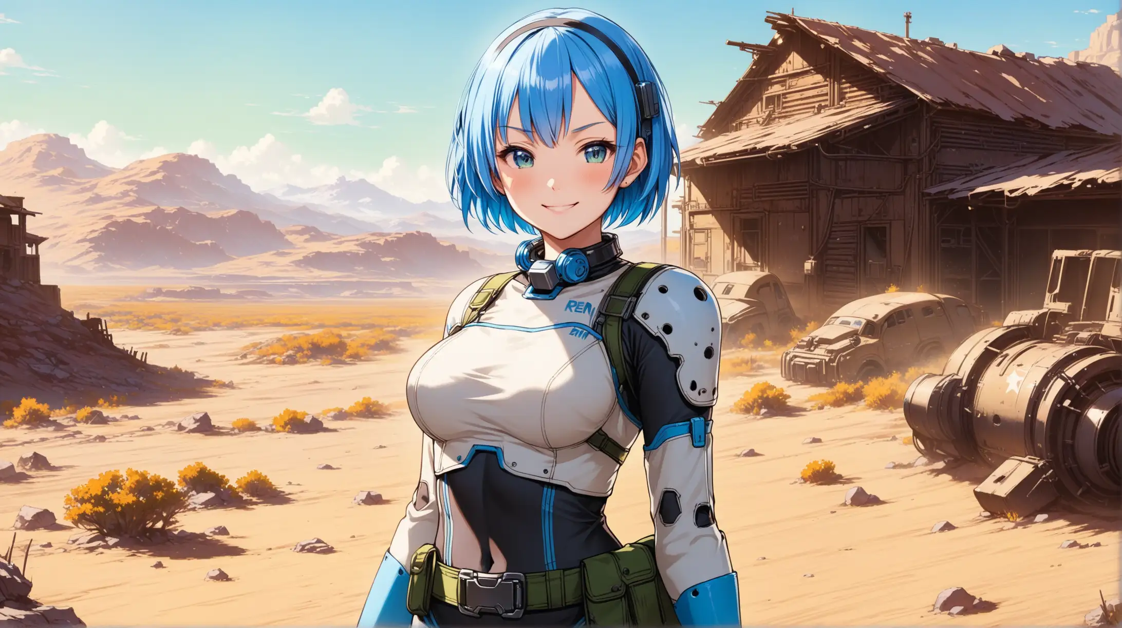Draw the character Rem, high quality, in a confident pose, outdoors, on a sunny day, cowboy shot, wearing an outfit inspired from the Fallout series, smiling at the viewer
