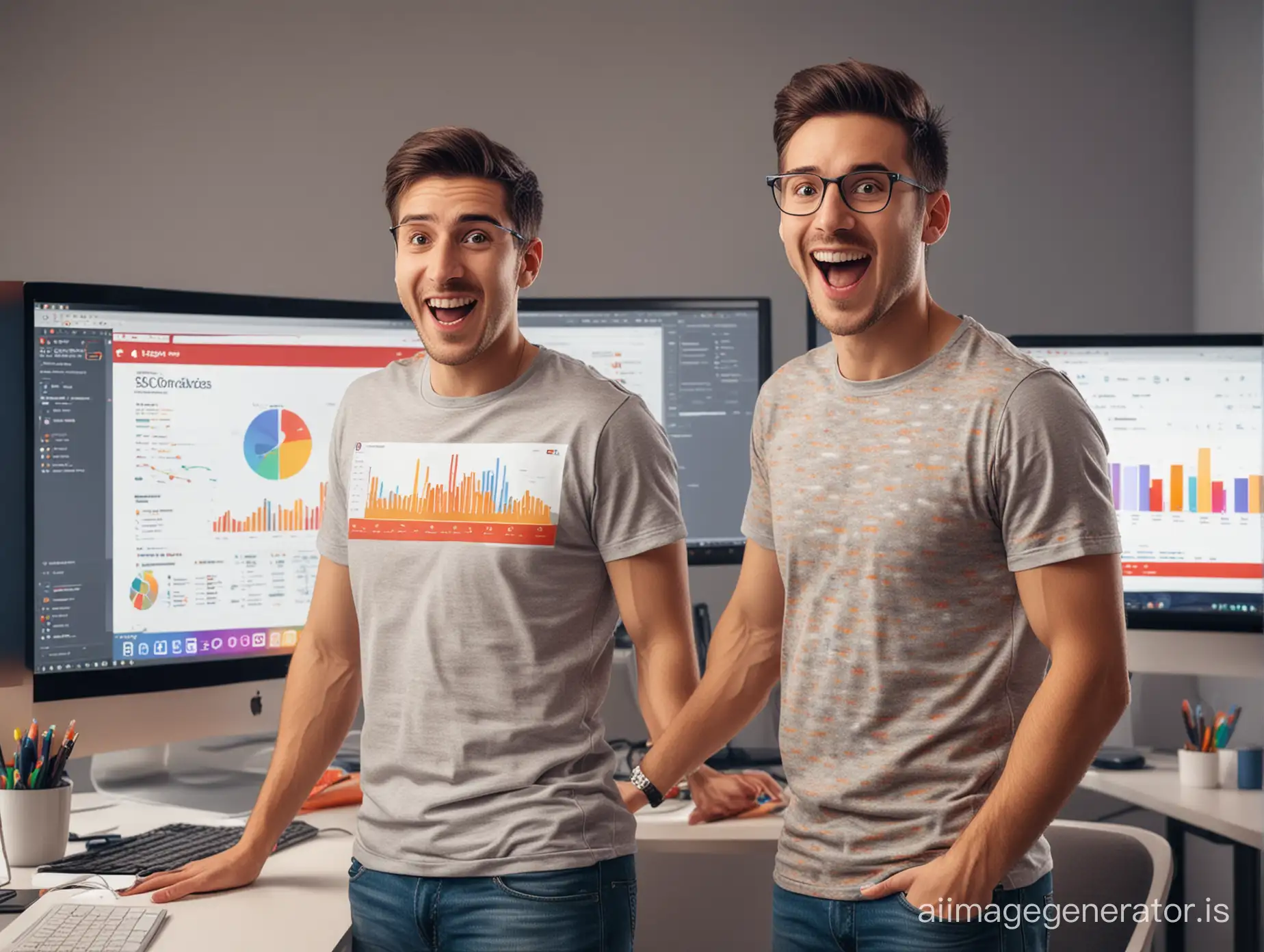 Create an image for a YouTube video thumbnail. The image should include a young, cheerful person wearing a casual T-shirt, looking excitedly at a large computer screen displaying colorful SEO analytics and statistics. The background is a modern office environment with soft lighting. The image should be vibrant and professional, with a style that conveys energy and approachability.