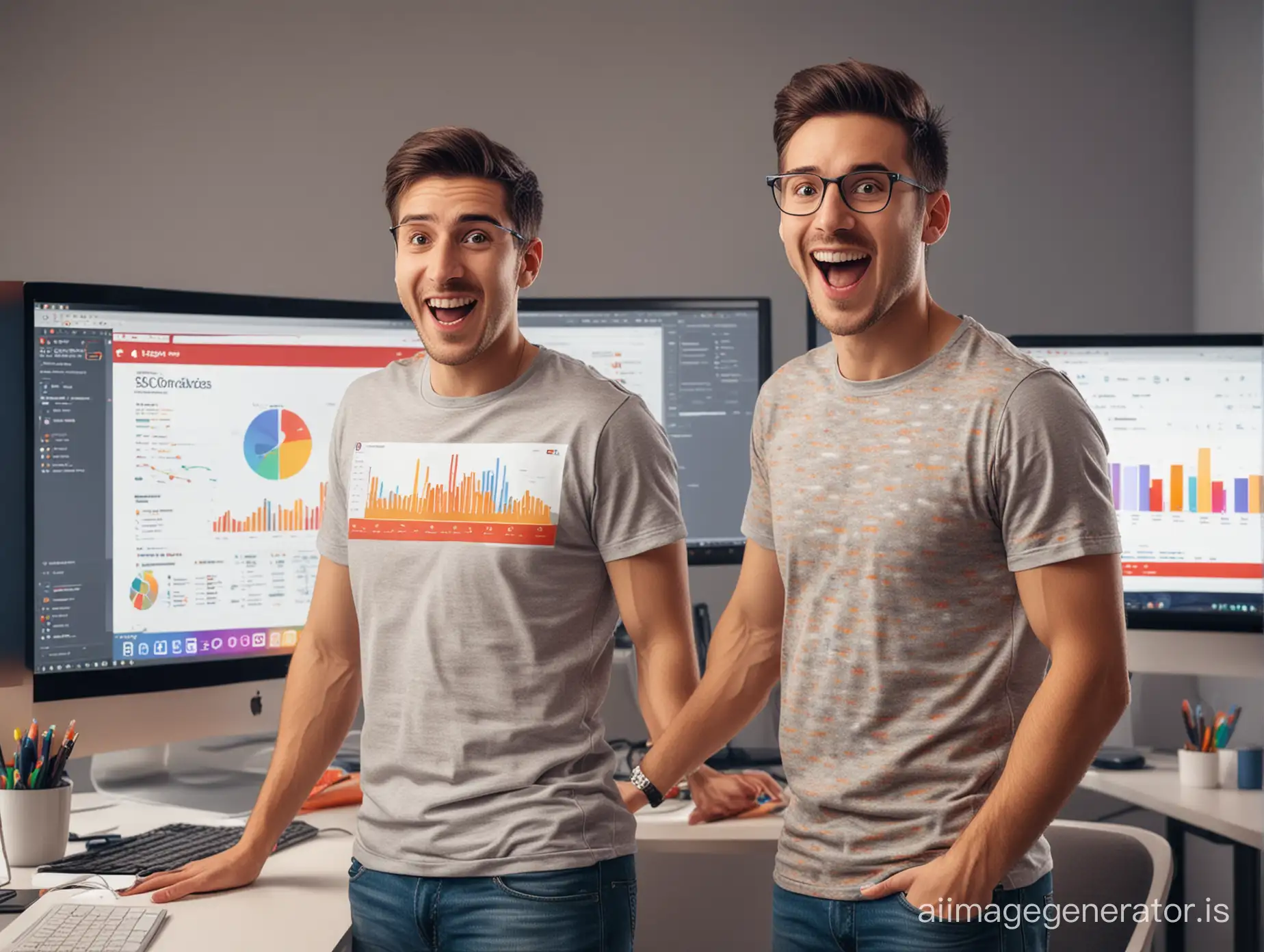 "Create an image for a YouTube video thumbnail. The image should include a young, cheerful person wearing a casual T-shirt, looking excitedly at a large computer screen displaying colorful SEO analytics and statistics. The background is a modern office environment with soft lighting. The image should be vibrant and professional, with a style that conveys energy and approachability."