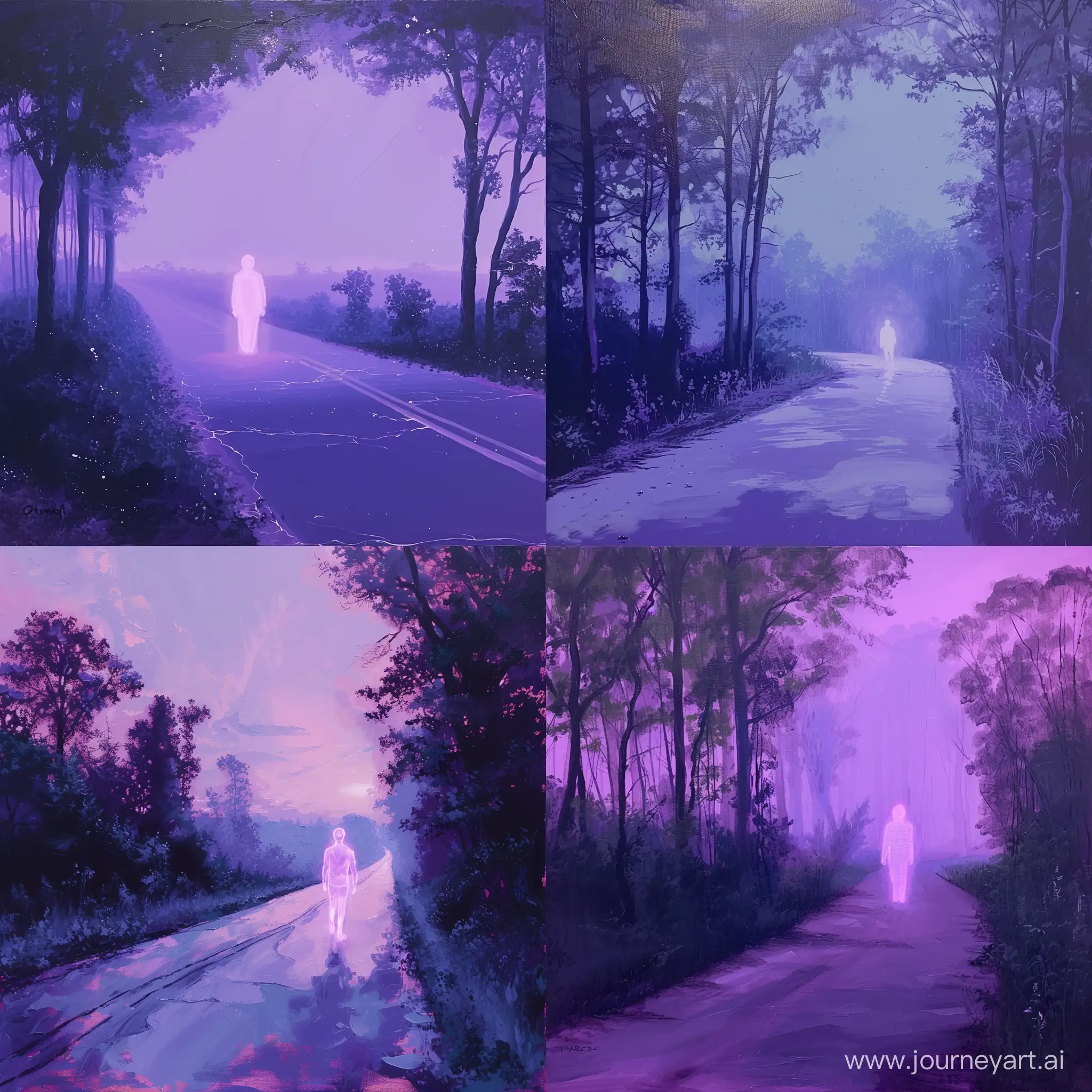 картина акрилом, реалистичный, чёткий, фиолетовые цвета, человек светится, дорога, по краям картины деревья, атмосфера, 