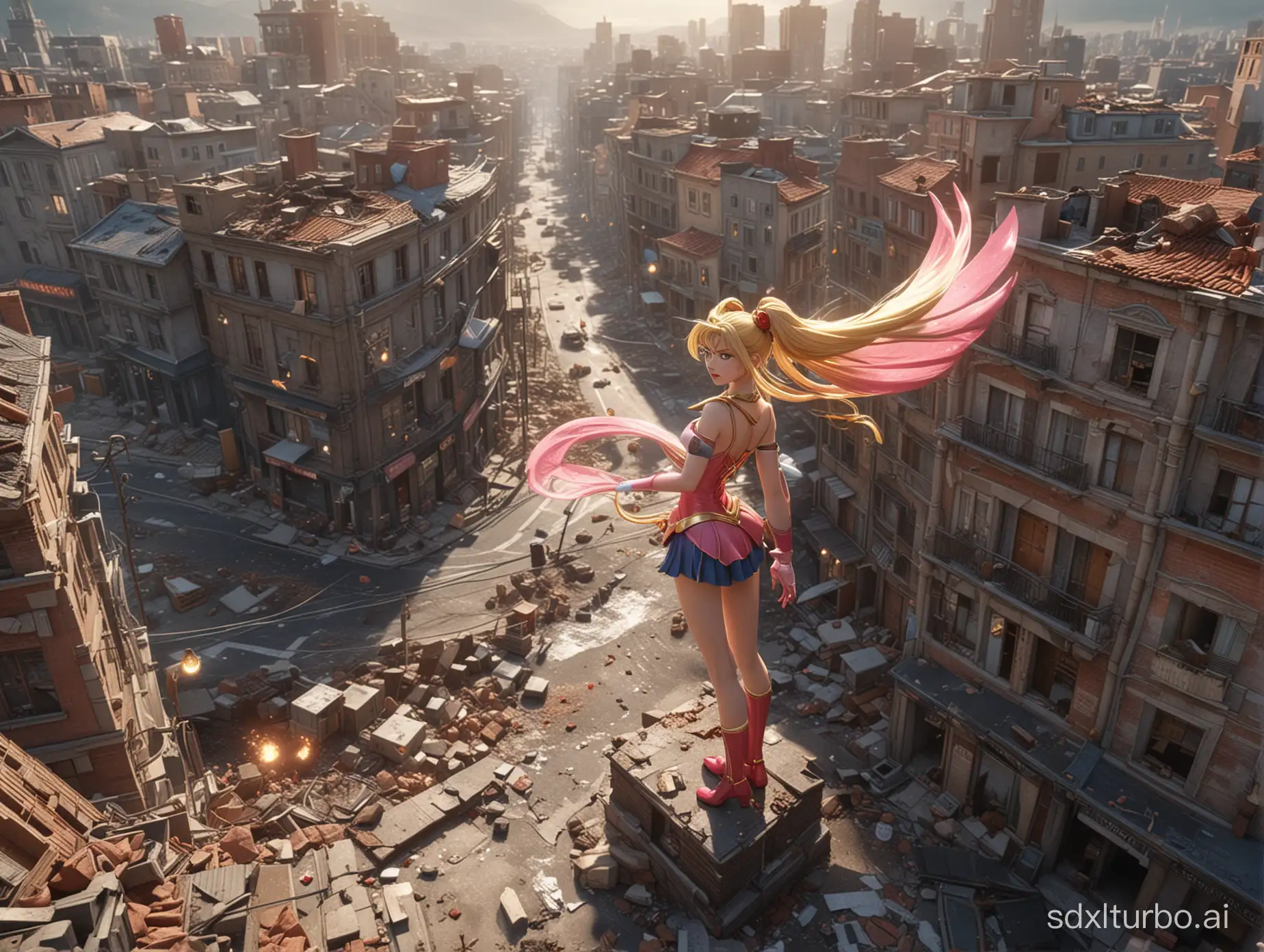 3D, V-Ray rendering, Surrealism, bird's-eye photography, the fictional scene is rendered in ultra-high definition, emphasizing depth of field and intricate details. A massive Sailormoon enters a town, destroying buildings. Natural light, natural textures, depth of field, HDR