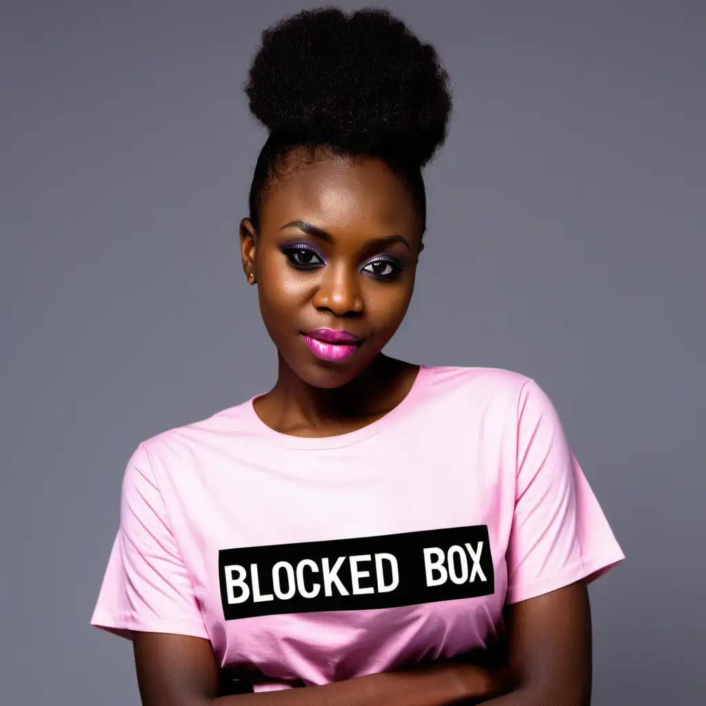 African woman with pastel pink shirt with the words "Play in the Blocked Box"  on her shirt in a fashionable way. She should be posing to show off the words on the shirt.
