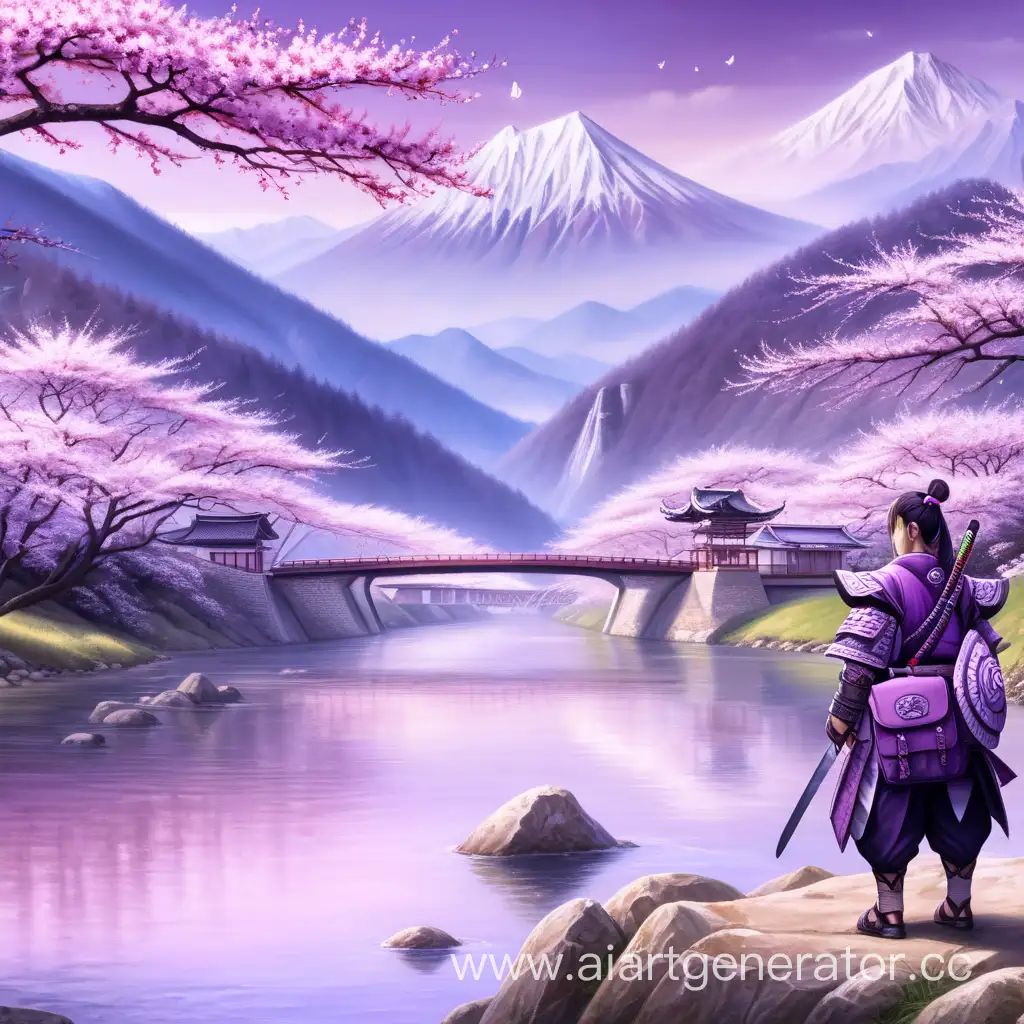 Фиолетовая сакура ,богатая лели  , река , горы ,  сумка, воительница