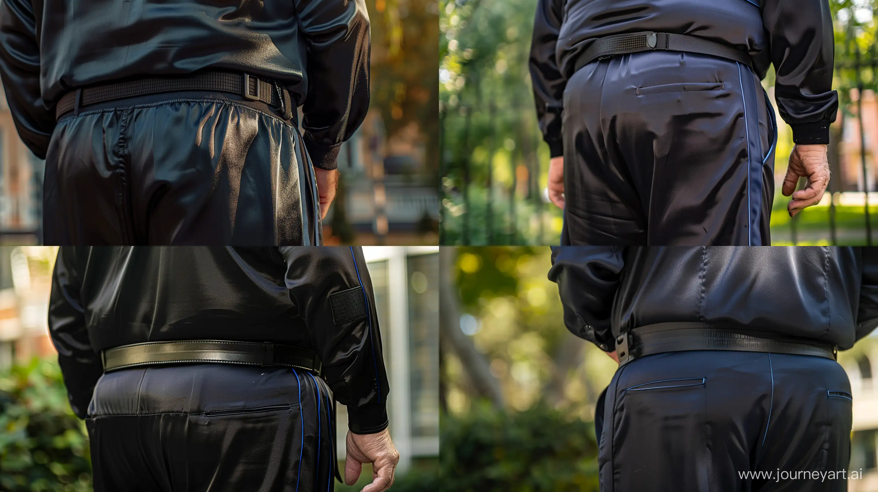 Back view close-up photo centered on the waist of a fat man aged 70 wearing a silk black tracksuit with navy blue stripe on the leg. Black tactical belt. Outside. Summer. --style raw --ar 16:9