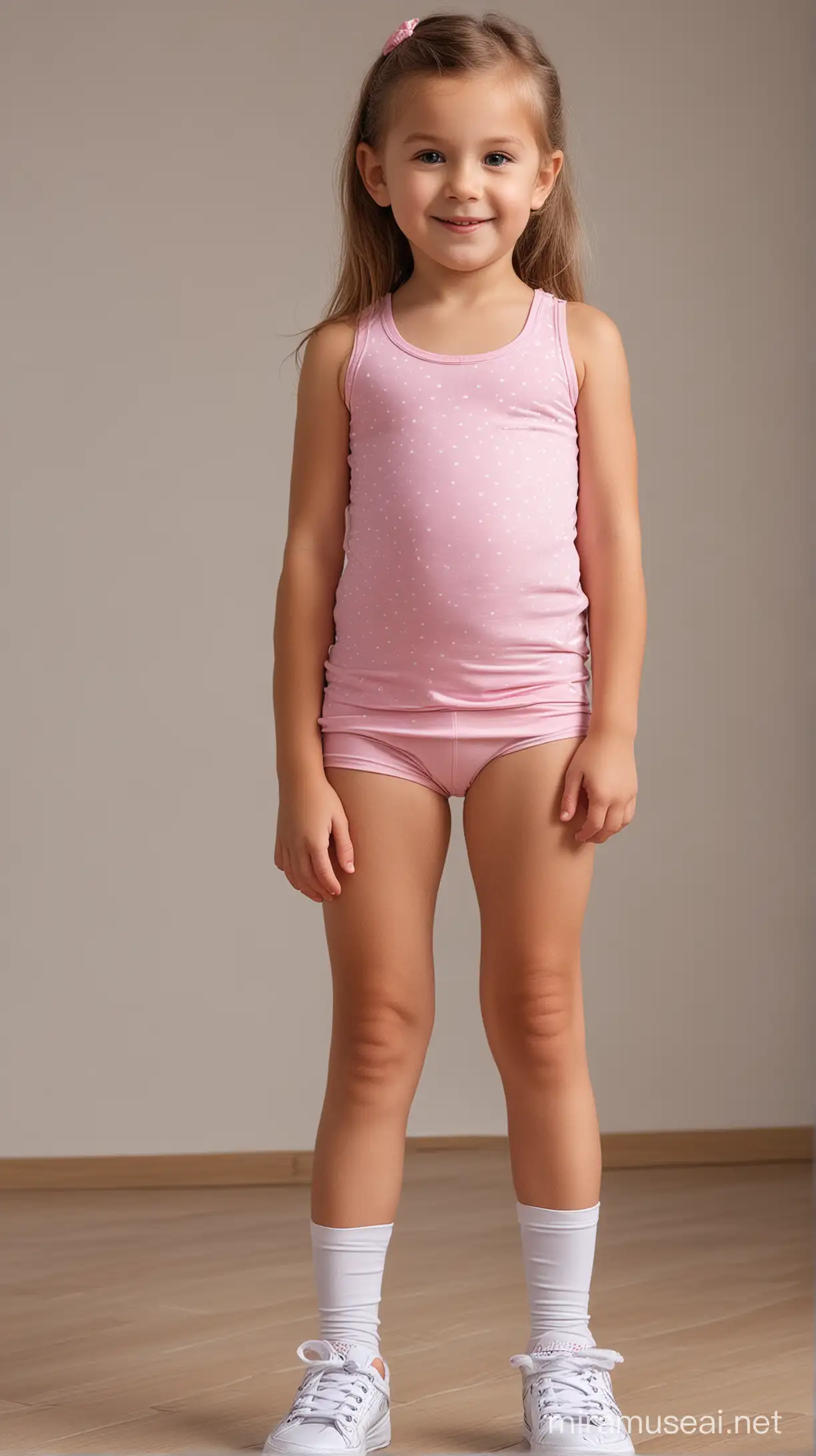 Little girl 6 years, wearing a tight legging shorts