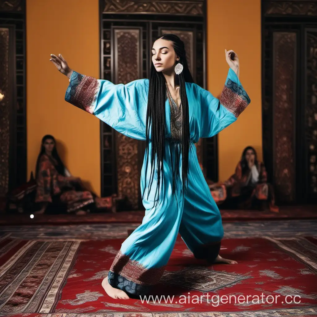 Uzbek girl with long black braids, in harem pants and a robe, is dancing