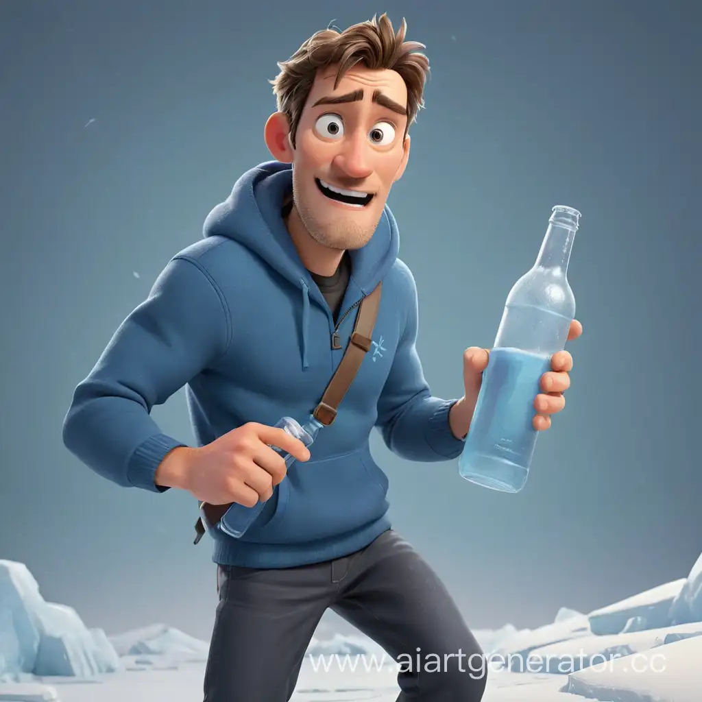 мультяшный мужчина замерз и держит в руке бутылку в полный рост 