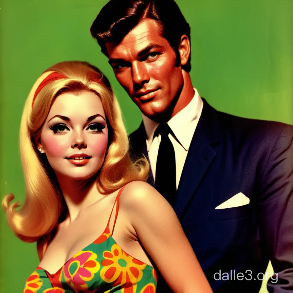 Cover art from a 1960s psychedelic groovy romance comic book, handsom man, beautiful woman