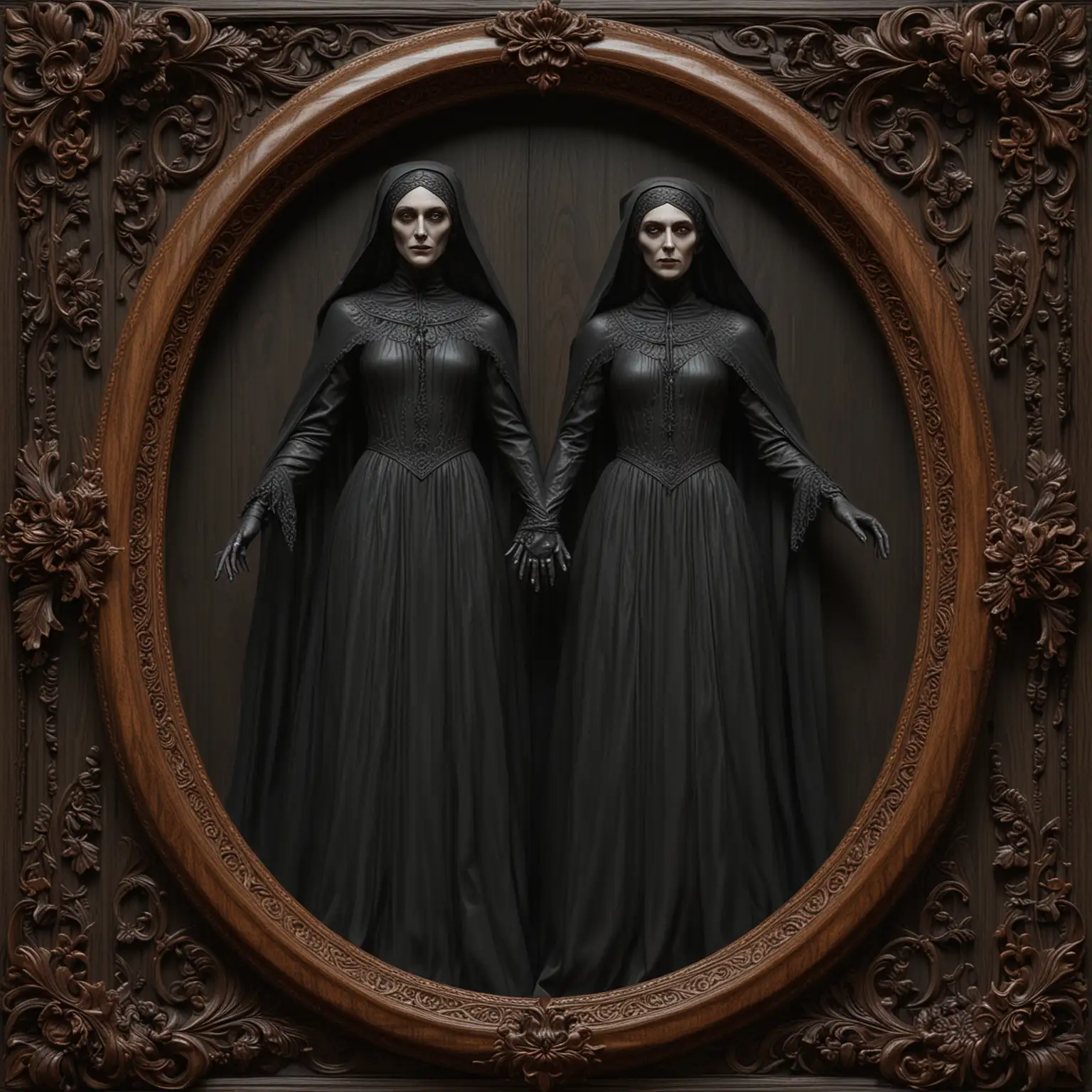 3D SEAMLESS AND TILEABLE DARK LACQUERED WOOD WITH A FINELY CARVED FRAME SURROUND FEATURING   FINELY  CARVED WOODEN bRIDE OF Nosferatu 






