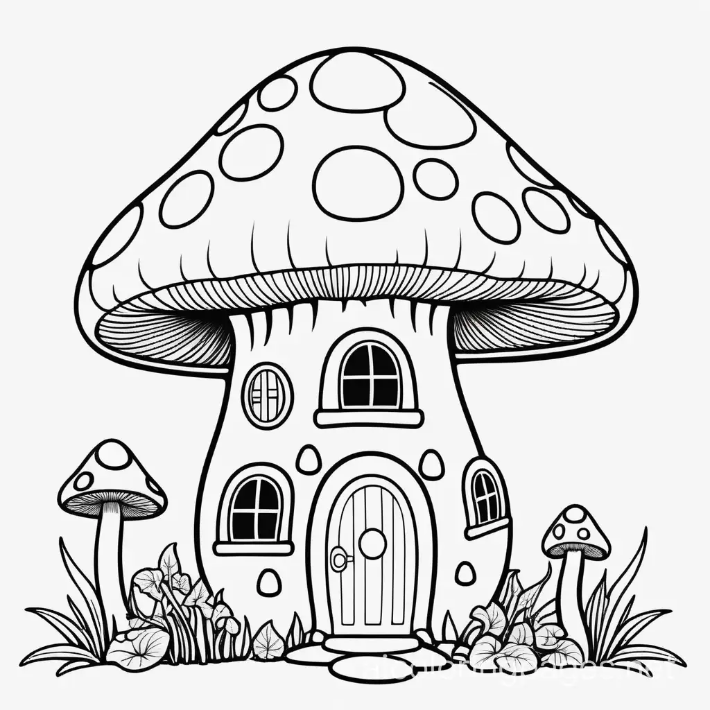 fairy mushroom house, Coloring Page, black and white, line art, white background, Simplicity, Ample White Space. The background of the coloring page is plain white to make it easy for young children to color within the lines. The outlines of all the subjects are easy to distinguish, making it simple for kids to color without too much difficulty