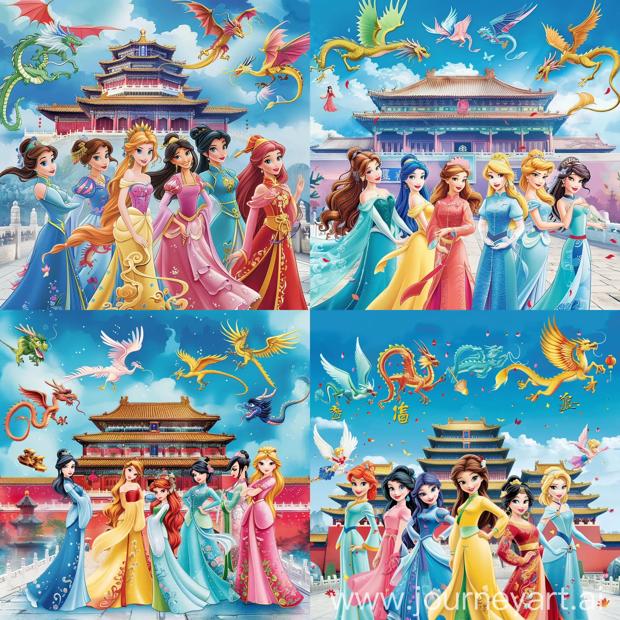 seven Disney Princess: Ariel, Aurora, Rapunzel, Belle, Cinderella, Snow White, Elsa,

they are all in Chinese female costume Hanfu, of their own colors,

before a Chinese Palace, Chinese dragons amd phoenixes in the blue sky,
