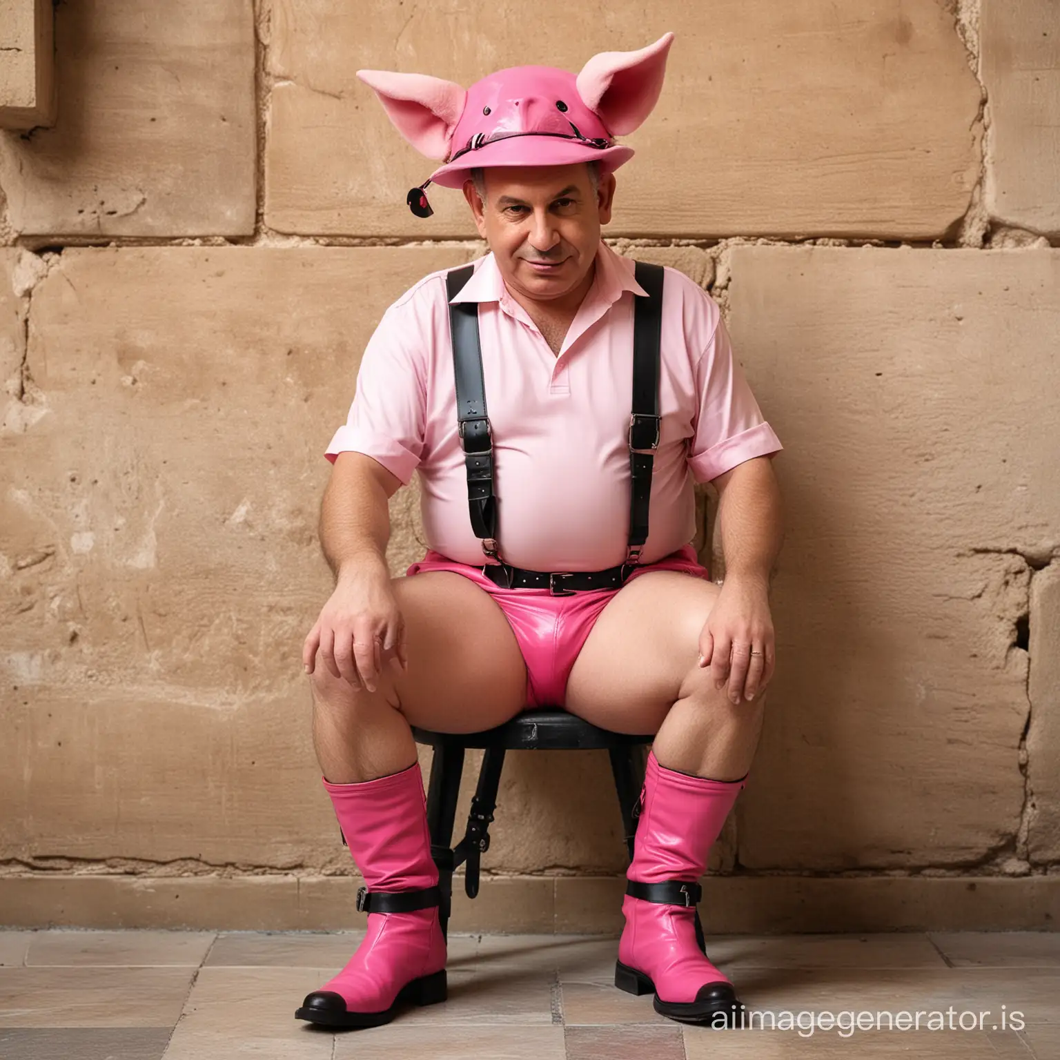 A very fat looking Prime Minister Benjamin Netanyahu dressed in a gay leather harness and a realistic looking pink pig hat with huge pig ears. He is wearing hot pink leather knee boots. He is sitting on a small kids stool in front of the wailing wall in Jerusalem. Tom of Finland style. Gay erotic.