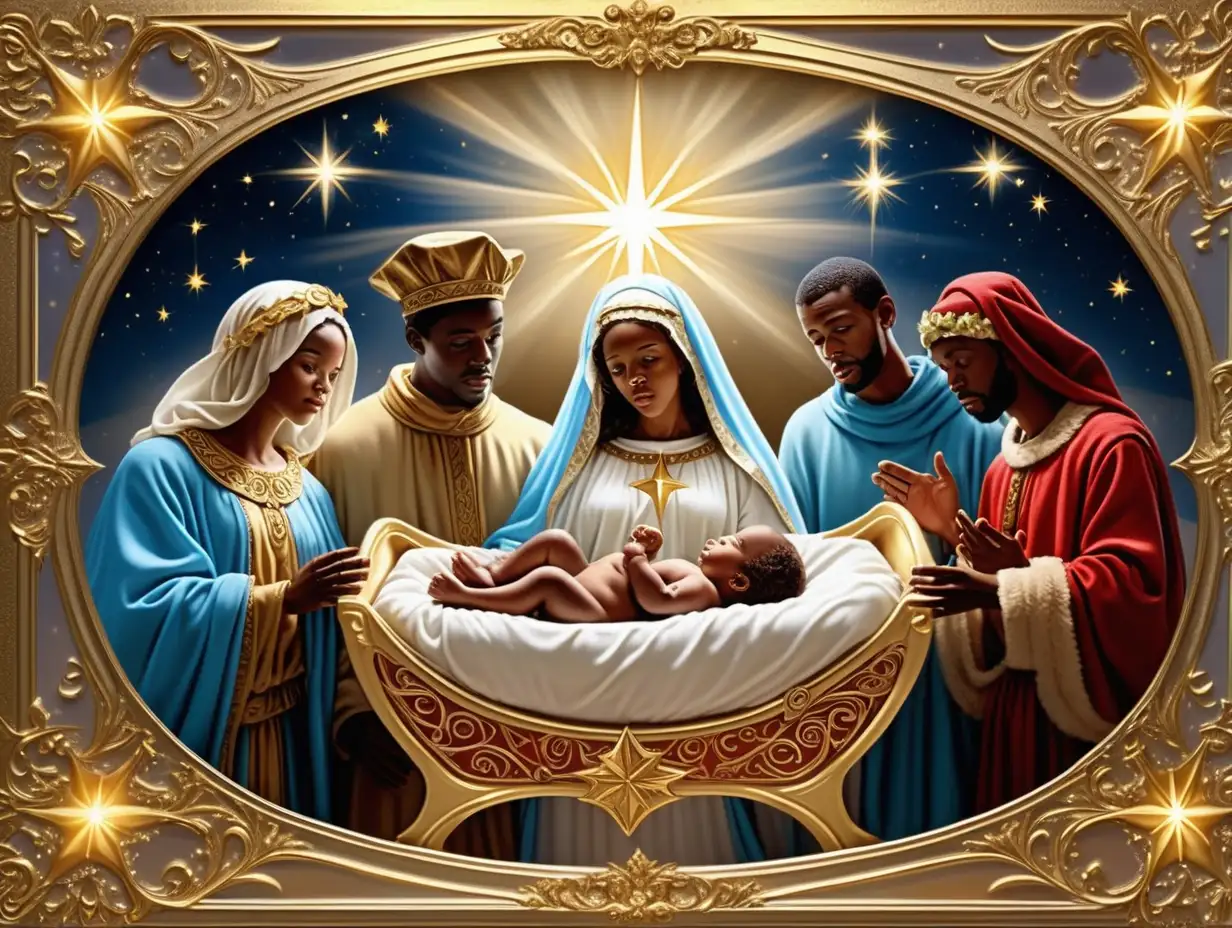 Translucent Christmas present, surreal fantasy with Afrocentric baby Jesus in the manger, surrounded by the three  wise men, the Virgin Mary and Joseph. Add shining star of Bethlehem in background and gilded ornate border --ar 3:2