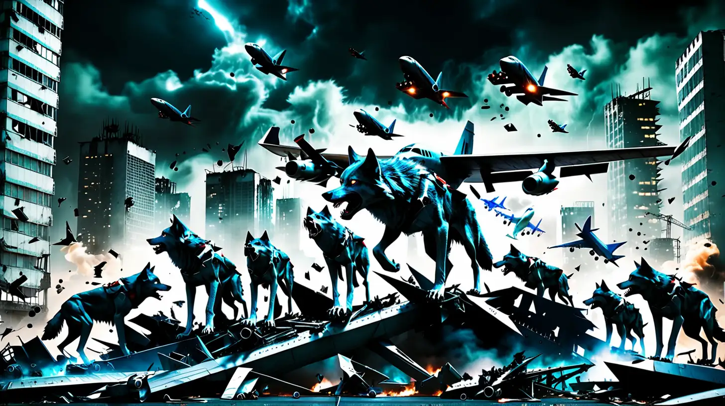 pack of wild angry wolves in abandon city with a futuristic airplane crash at night
