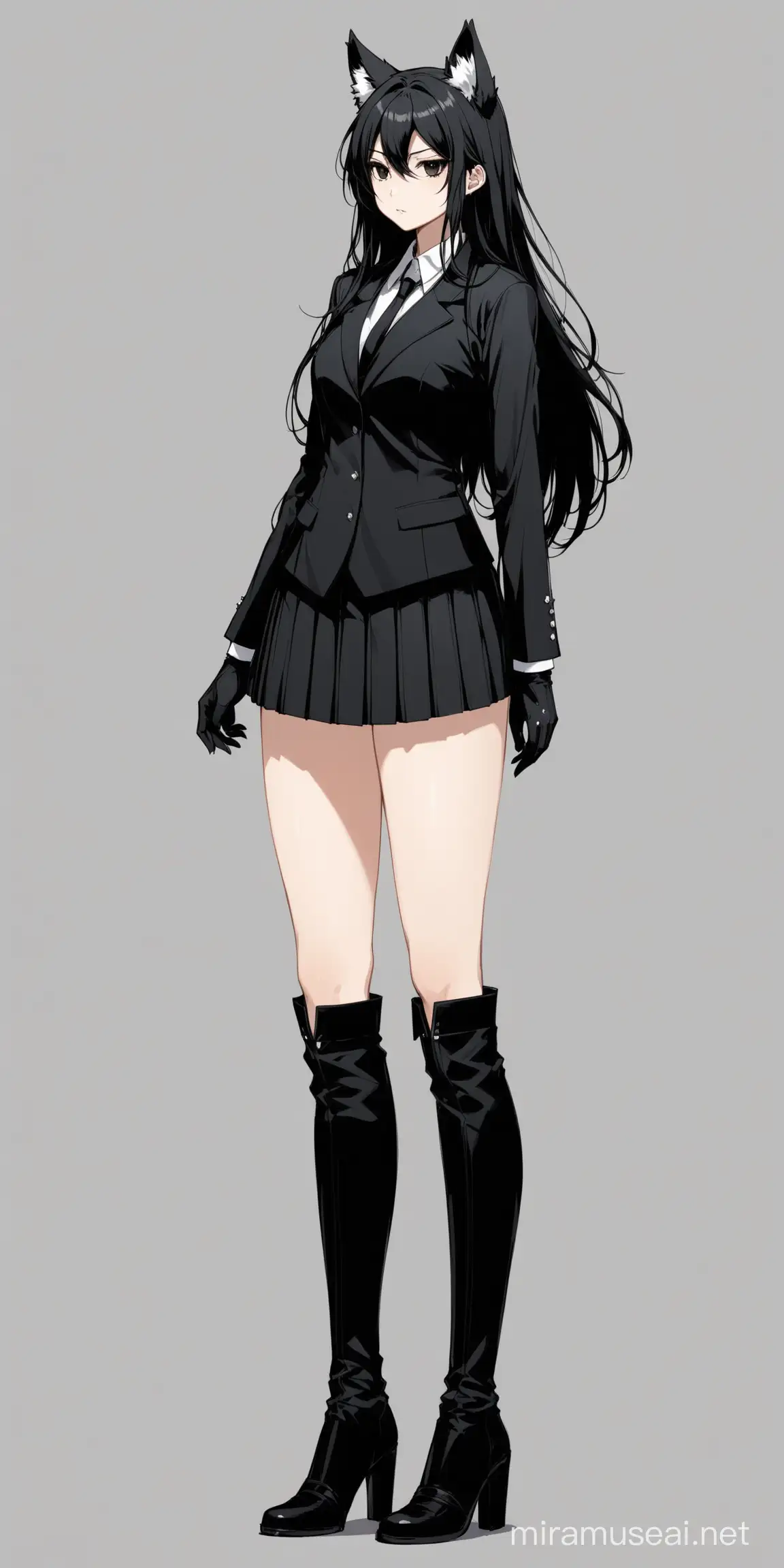 full body view, tall girl, wolf girl, wolf ears, white ear tufts, black eyes, long hair, black hair, short black suit coat, short black pleated skirt, black gloves, long sleeves, black tall thigh boots, neutral expression, side view