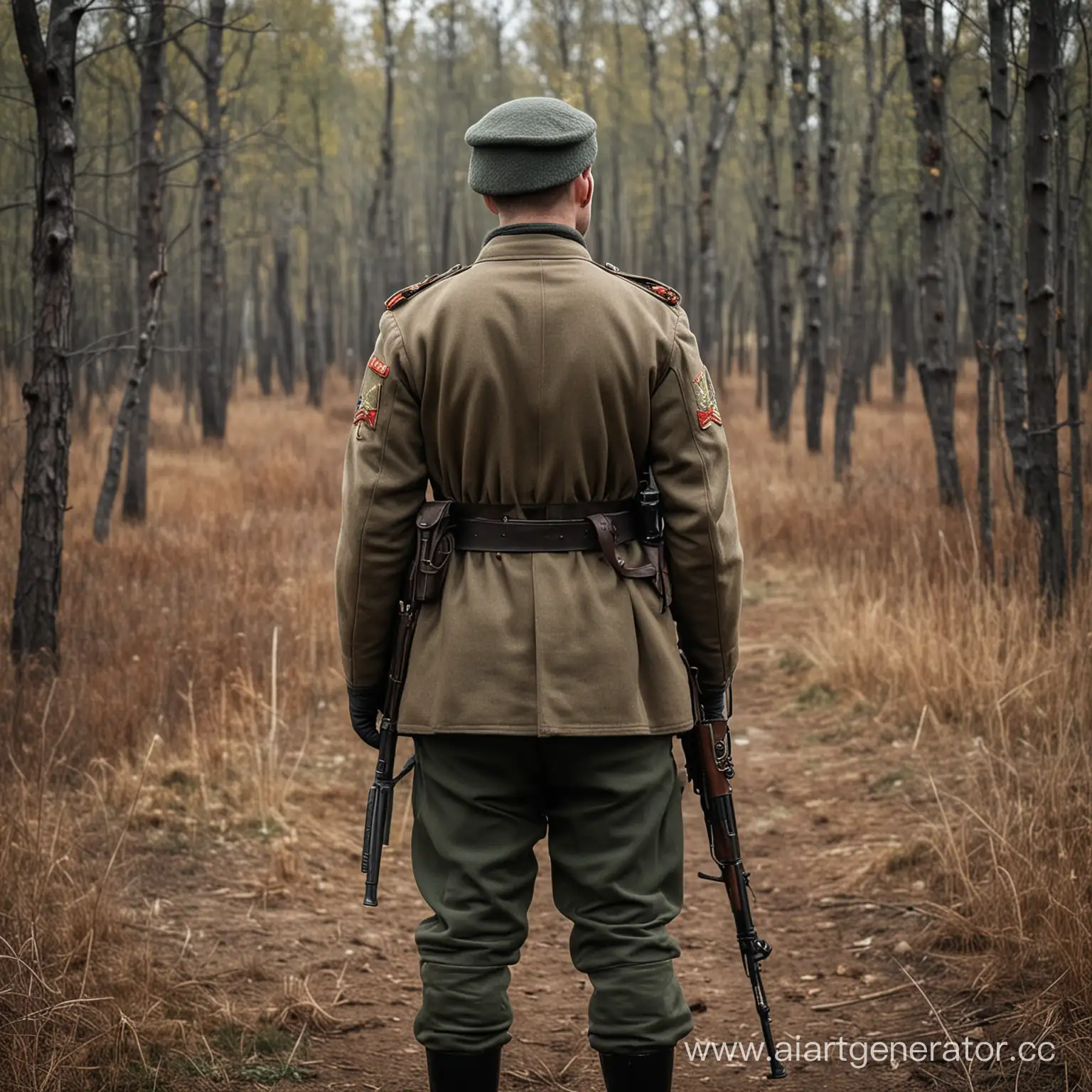 A soldier of the Russian army stands with his back to the 40s
