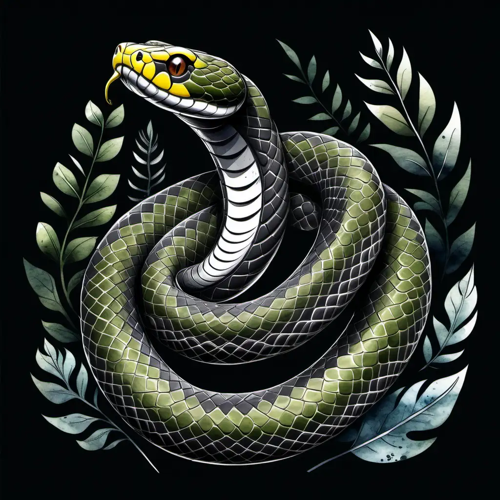 snake, graphic cartoon style, ink drawing and watercolor, black background