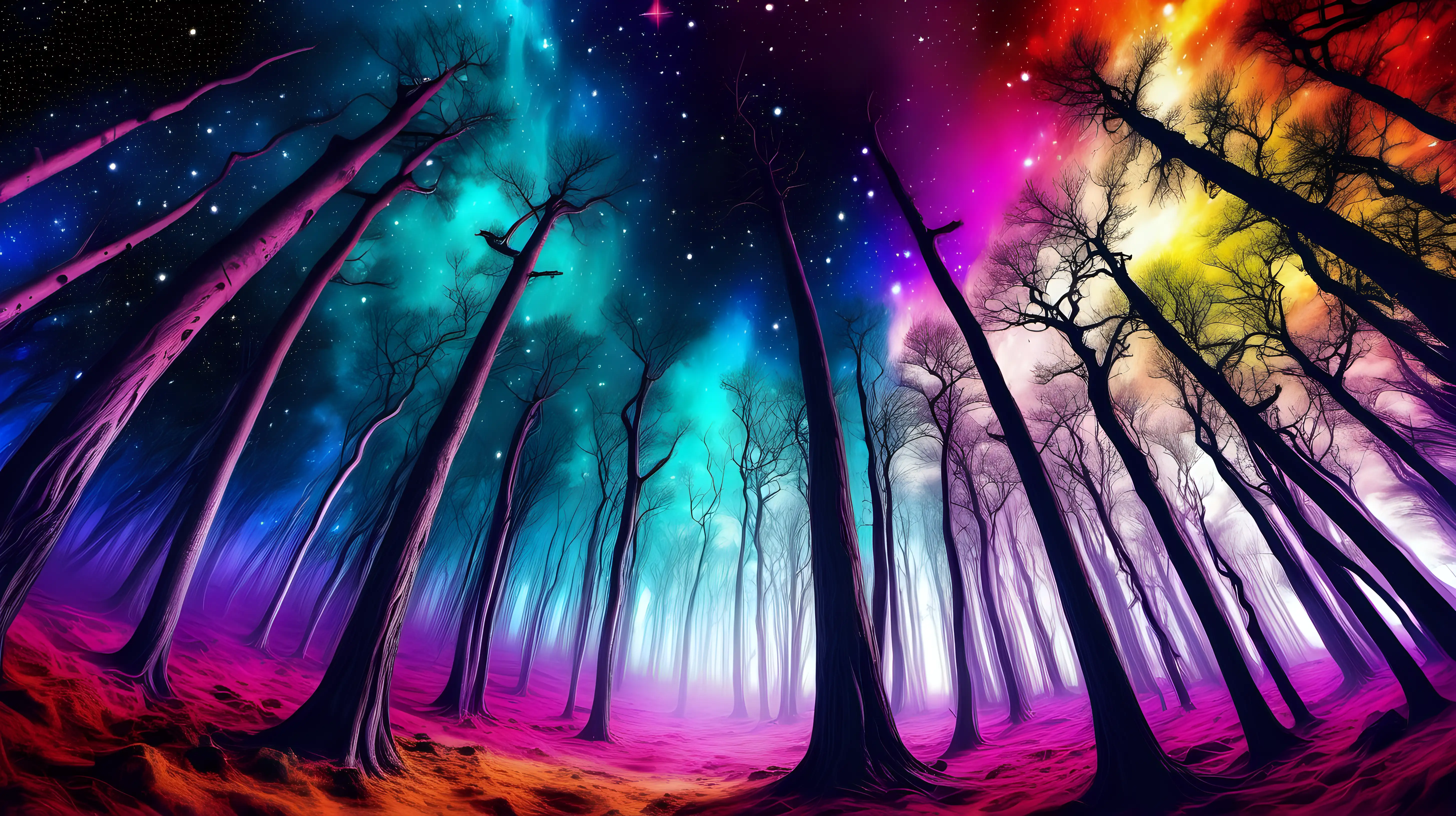 Vibrant Cosmic Woods with Shimmering Stars