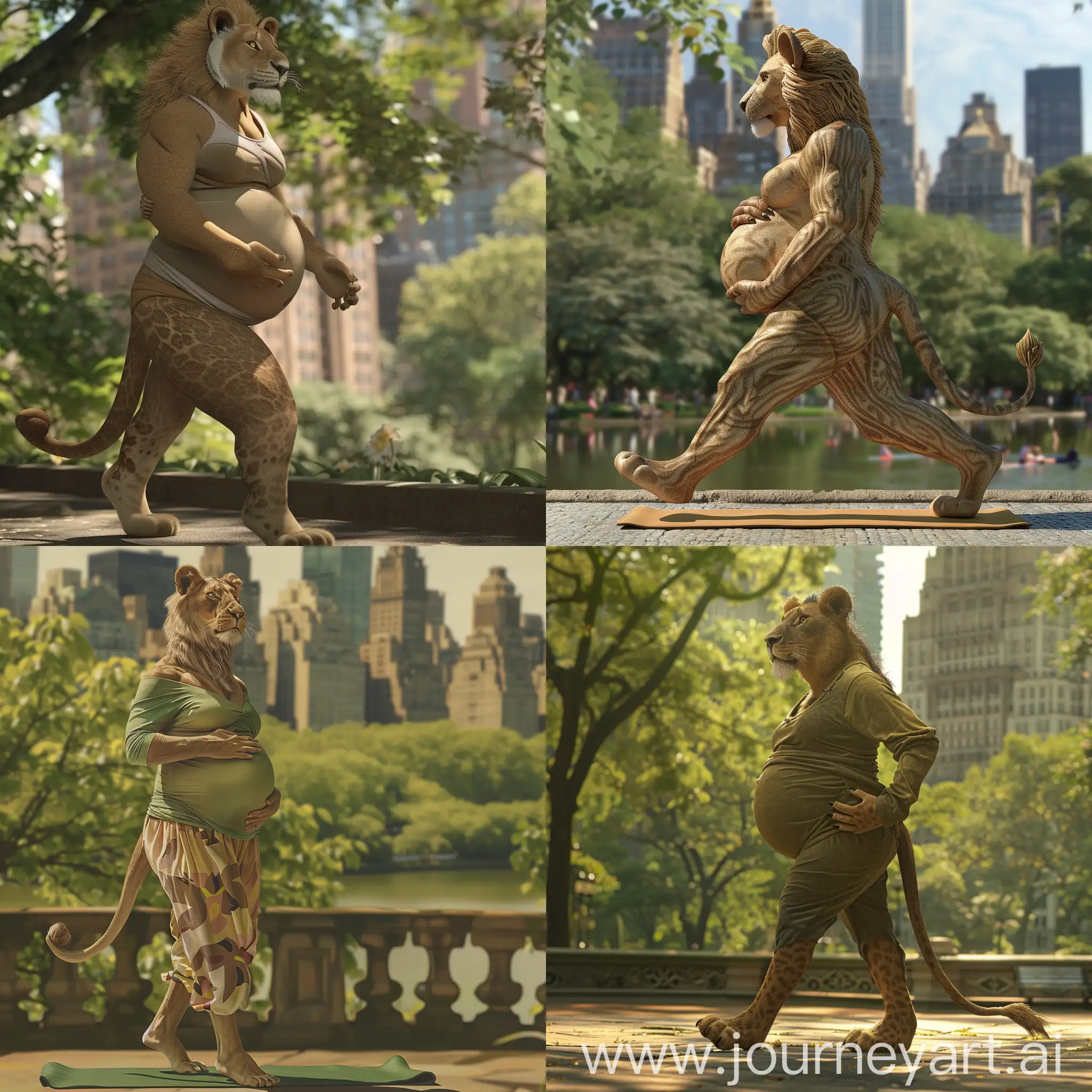 an anthropomorphic pregnant lioness woman walking through central park, wearing yoga attire.