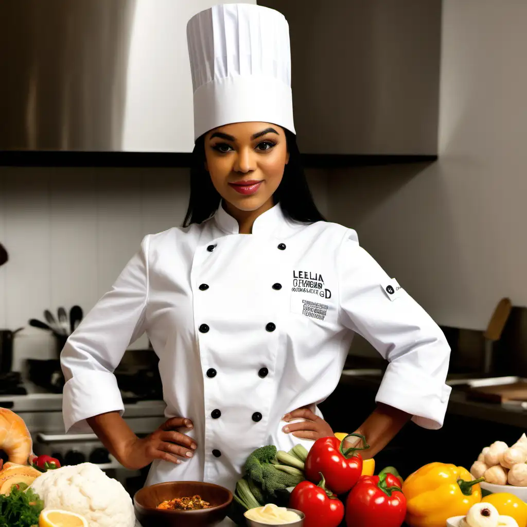Turn the photo of Leila Otadi into a chef wearing a chef's uniform and hat standing behind a table full of food