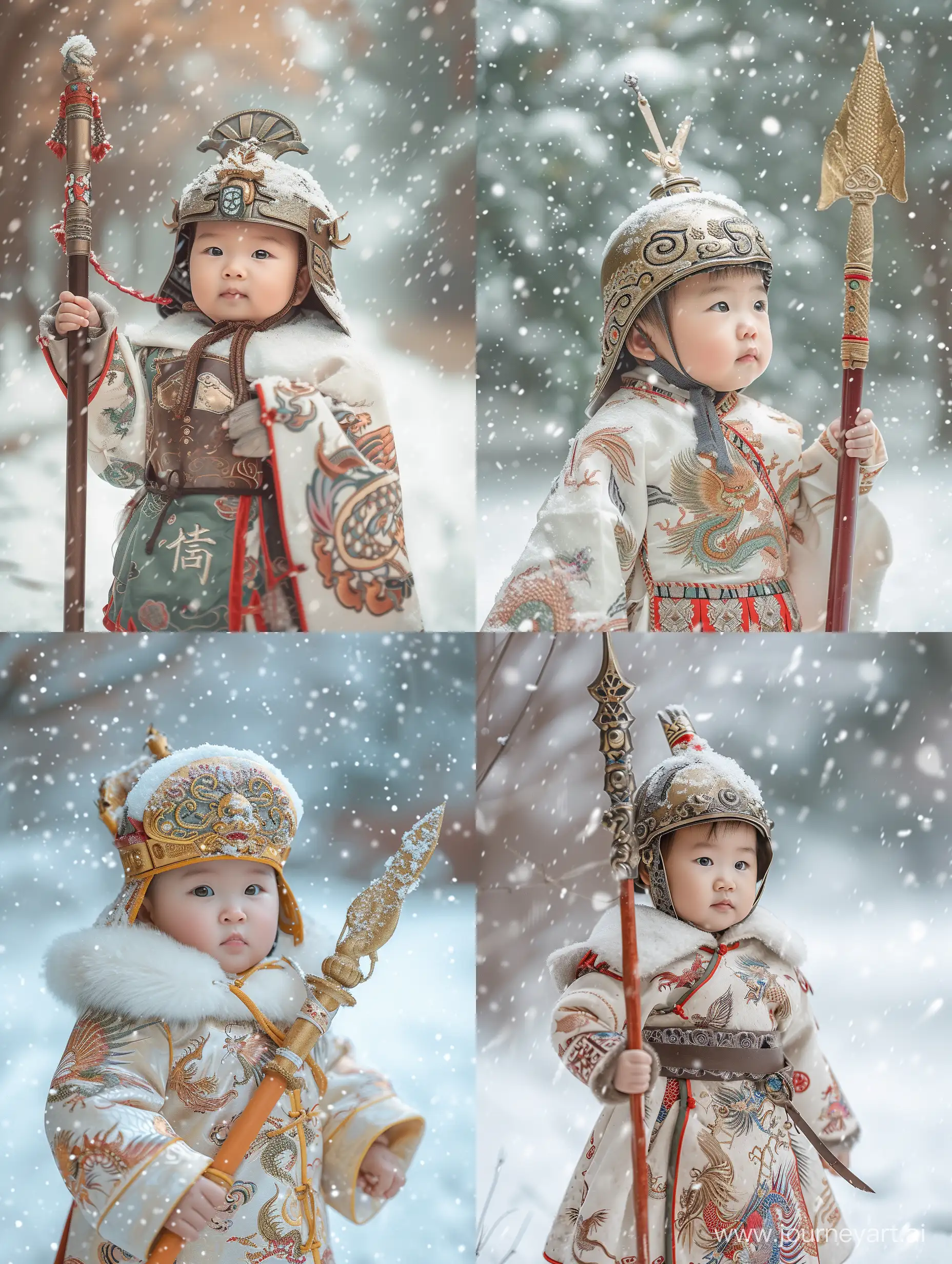 A one-year-old baby girl dressed in a traditional Chinese phoenix robe military uniform, with snow falling gently on a winter day. She wears a war helmet, holds a dragon-patterned spear, and her phoenix robe highlights her adorable head. The realistic scene in 8k HDR best quality captures the beauty and innocence of the baby. 
