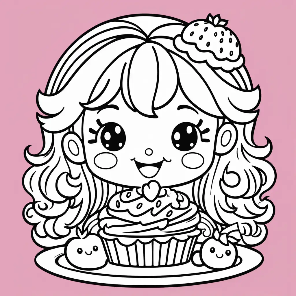 colouring pages,Laughing KAWAII strawberry shortcake with Whipped Cream Hair, food illustration, valentine theme, mixed 
styles, contour, vector, white background