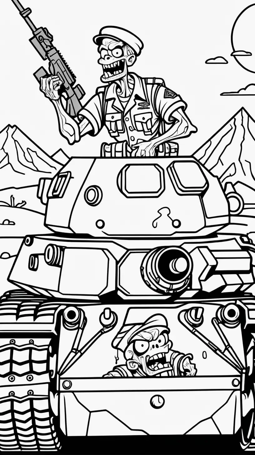 happy zombie character as a goofy soldier on a military tank, thick clean black lines only, coloring book image, cartoon styled,   desert  background