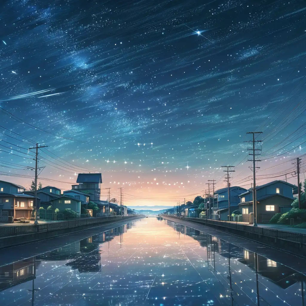 a calm city with a starry night sky. Makoto Shinkai art style. No imperfections