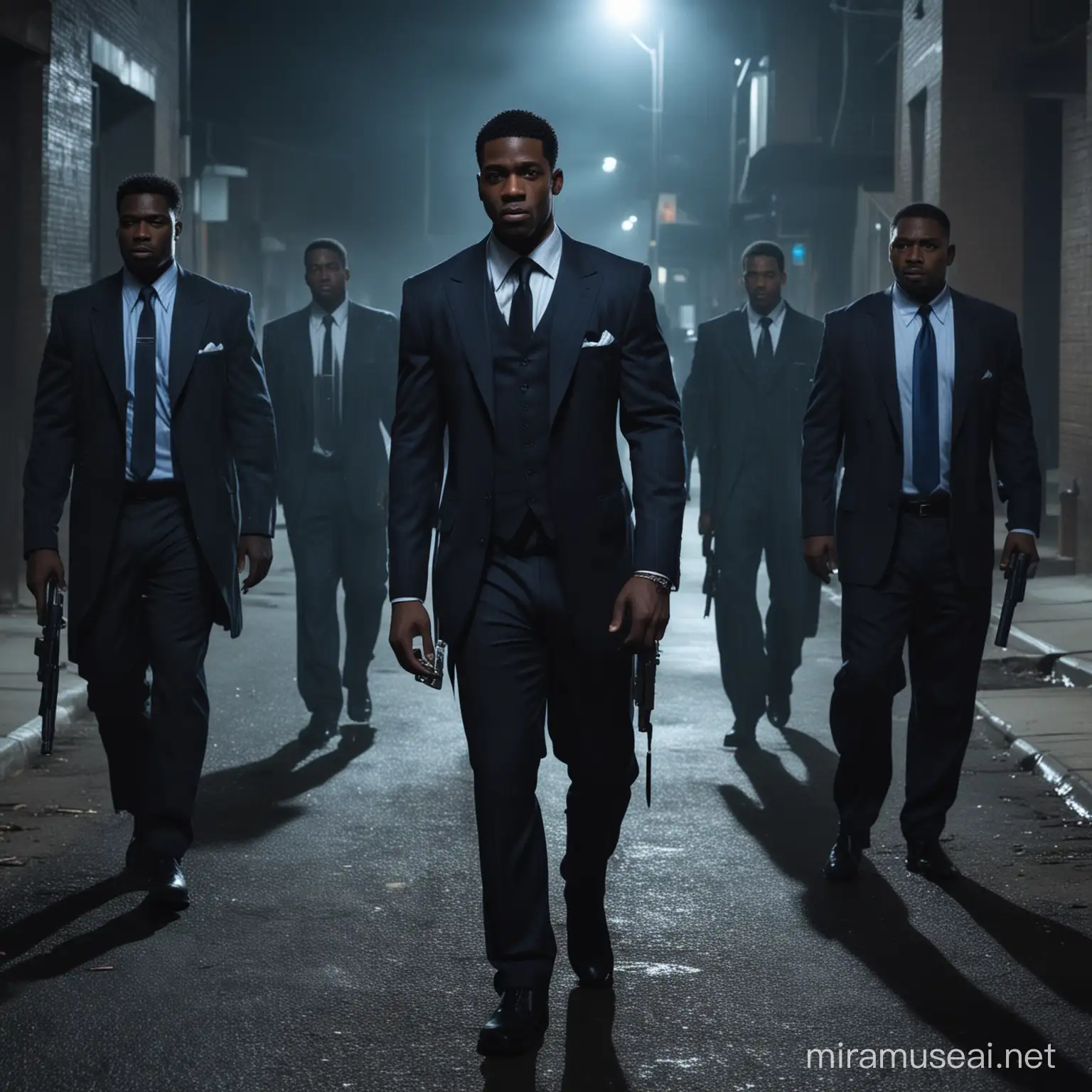 A bulked shredded black man dressed in a suit, he walks confidently along a cold dark street, 2 black american gangsters walk beside him carrying pistols the 2 gangstes are not dressed in suits but in gangster  style, blue shining objects lay on the ground as they take their walk, the image is taken at midnight with only moonlight shining over the scene 