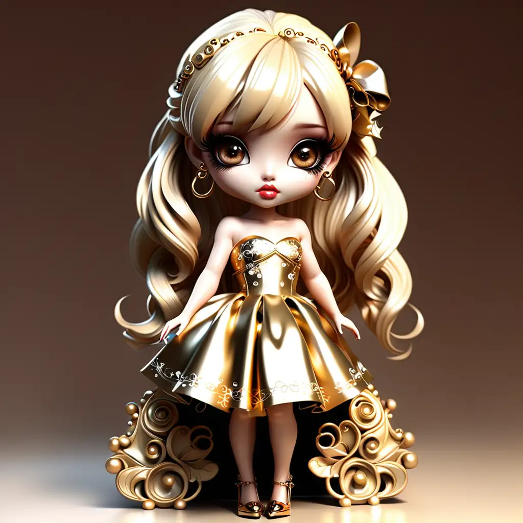 Glamorous Blonde Chibi Kawaii Girl in Trendy Gold Dress