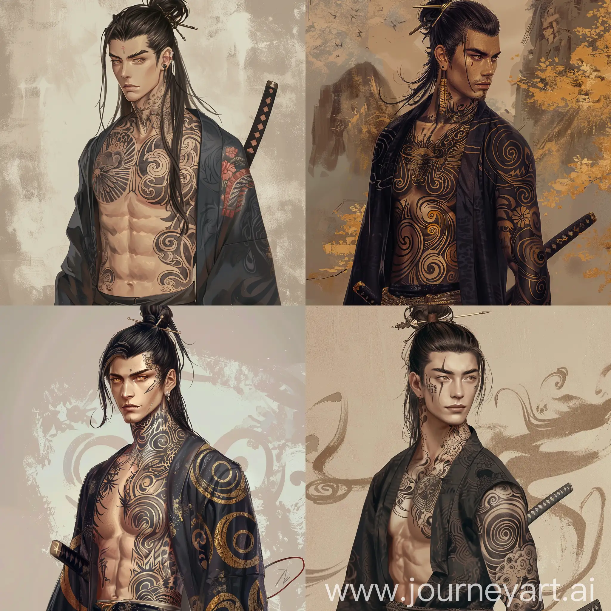 Tall, fair skin , long black hair in a bun half up-do with hairpin, no facial hair, golden eyes, muscular physiques with abs, swirling tattoos on chest,arm and back,  japanese , high rank traditional clothing,  god, godly aura, cute, hot, katana