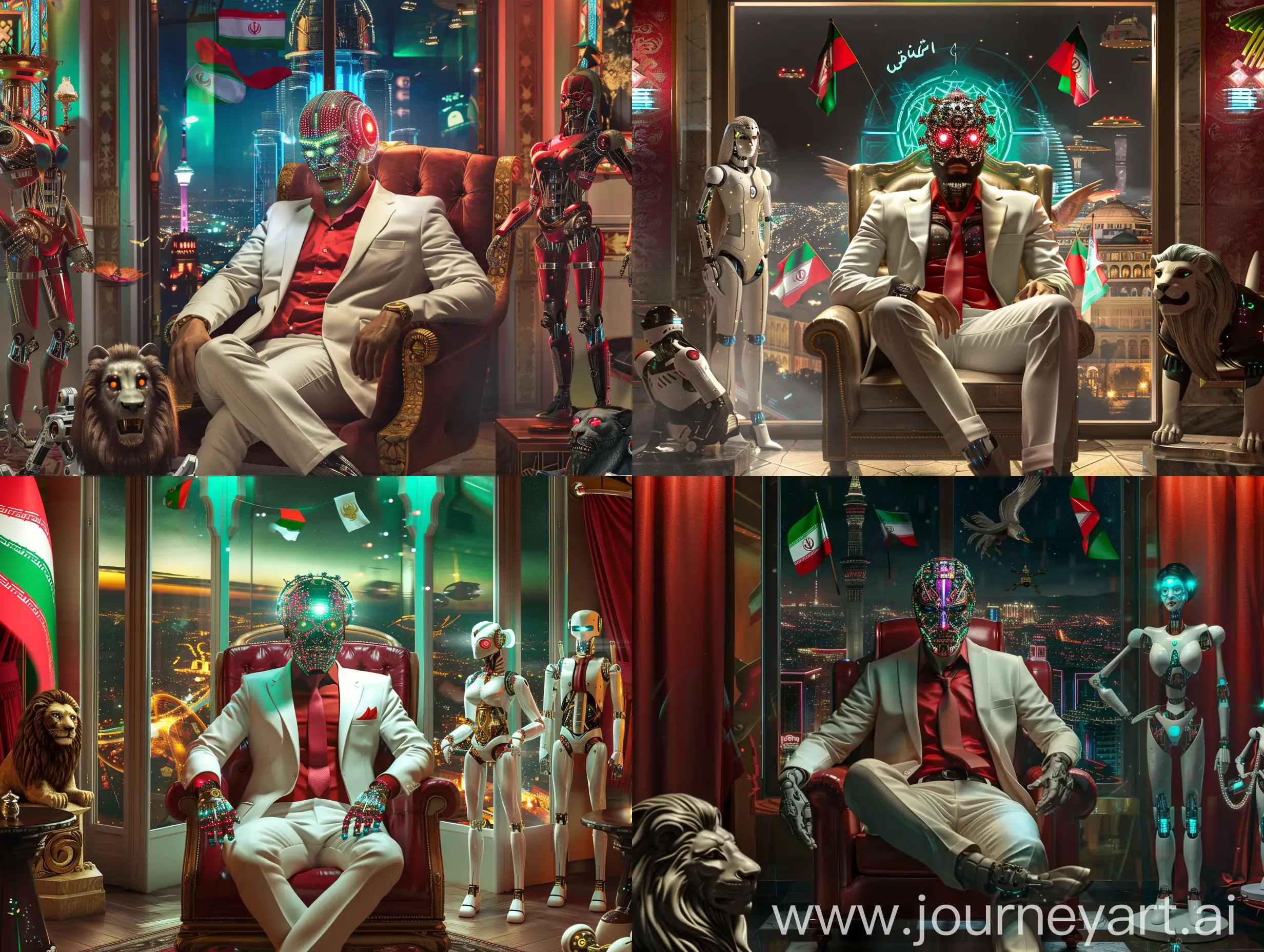 A sci-fi utopian futuristic scene of an opulent office, a cyborg human with cybernetics filled head and robot hands is sitting on his luxury chair with manly crossed legs, he is accompanied by his lady robot assistant a beautiful robotic woman who stands by the man, his face is filled with optical weirs and neon lights, he wears a white suit, red shirt under it, and a red tie, he is menacing like a mafia boss, yet calm like a wise man, he is young and powerful, a wealthy leader and company owner, a true nationalist, flags of red white and green adorn the room, statues of lions and Phoenix, while robots guard the room, Iranian style, Persian Empire, future photo, detailed, HD, 8k, quality picture, robotic head, Sci-fi Persian Room, Window open to an outside utopian city at night with neon light on buildings and cars flying, a true utopian.