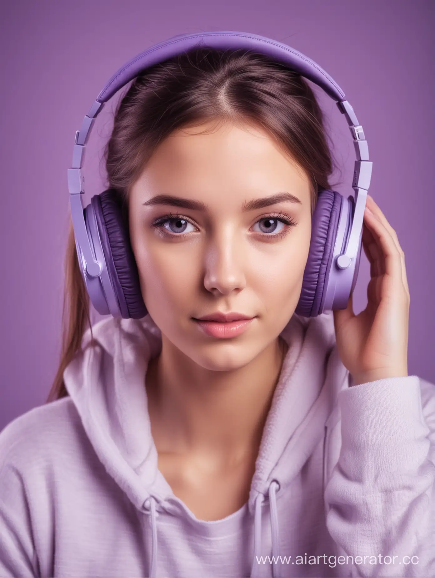 девушка слушает музыку в наушниках, картинка в светлом стиле с сиреневыми оттенками
