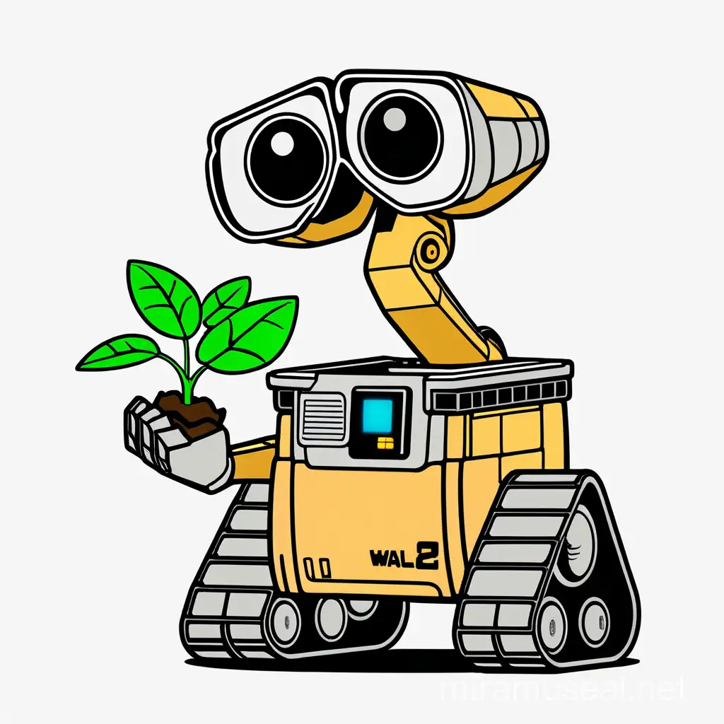 Wall-E from disney, cute, with Wall-E plant in boot, full body, minimalist, vector art, colored illustration with a black outline, Arthur TV series style