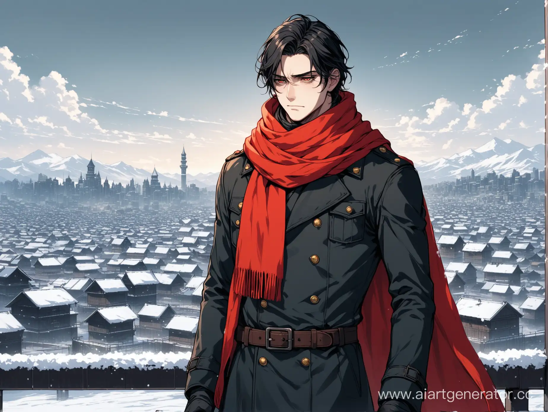 Male, handsome body, background of the city of Winterhom, wearing a meter-long red scarf, winter clothes, General wears a sword on his belt, always sad, bags under the eyes