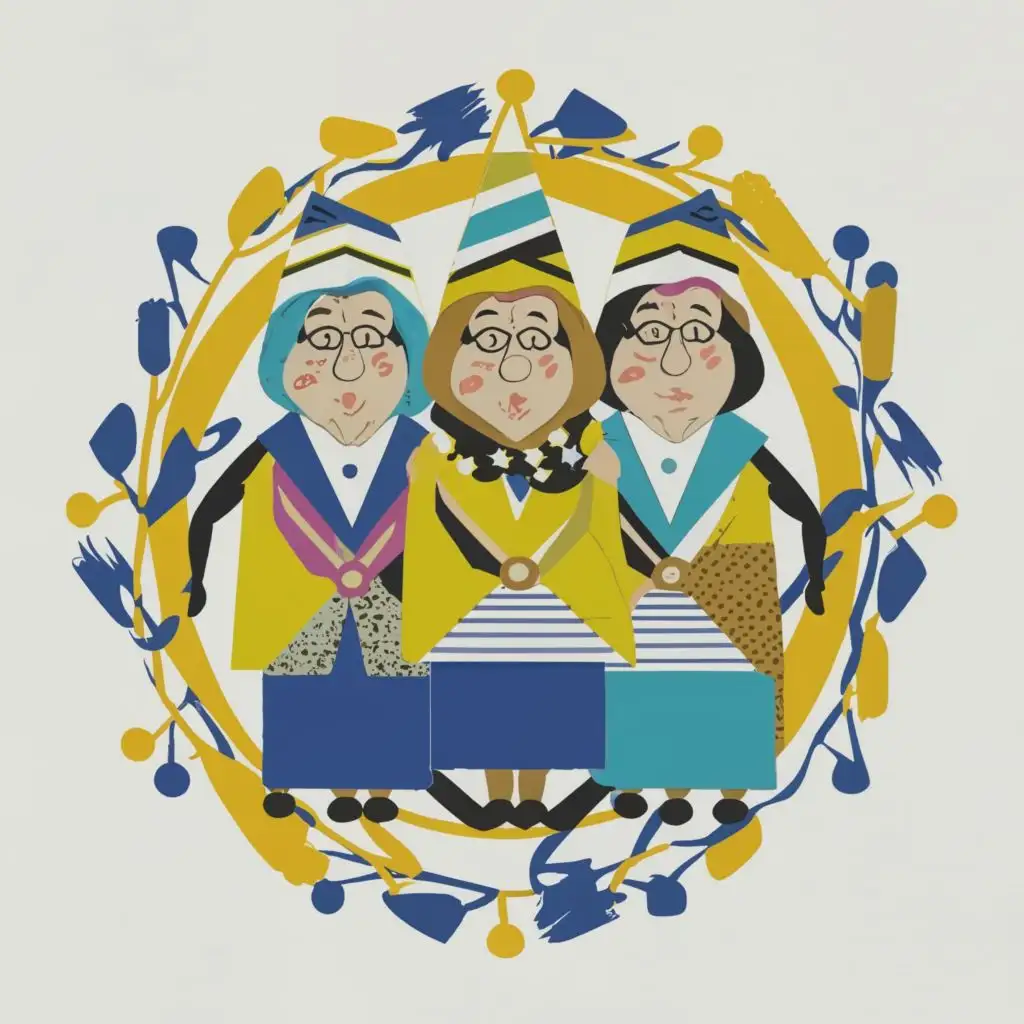 logo Yellow, Blue, White, Jewish grannies with Jewish headcovers in Israeli clothes, Joan Miró, with the text "Kosher Grannies", on white clean background, typography