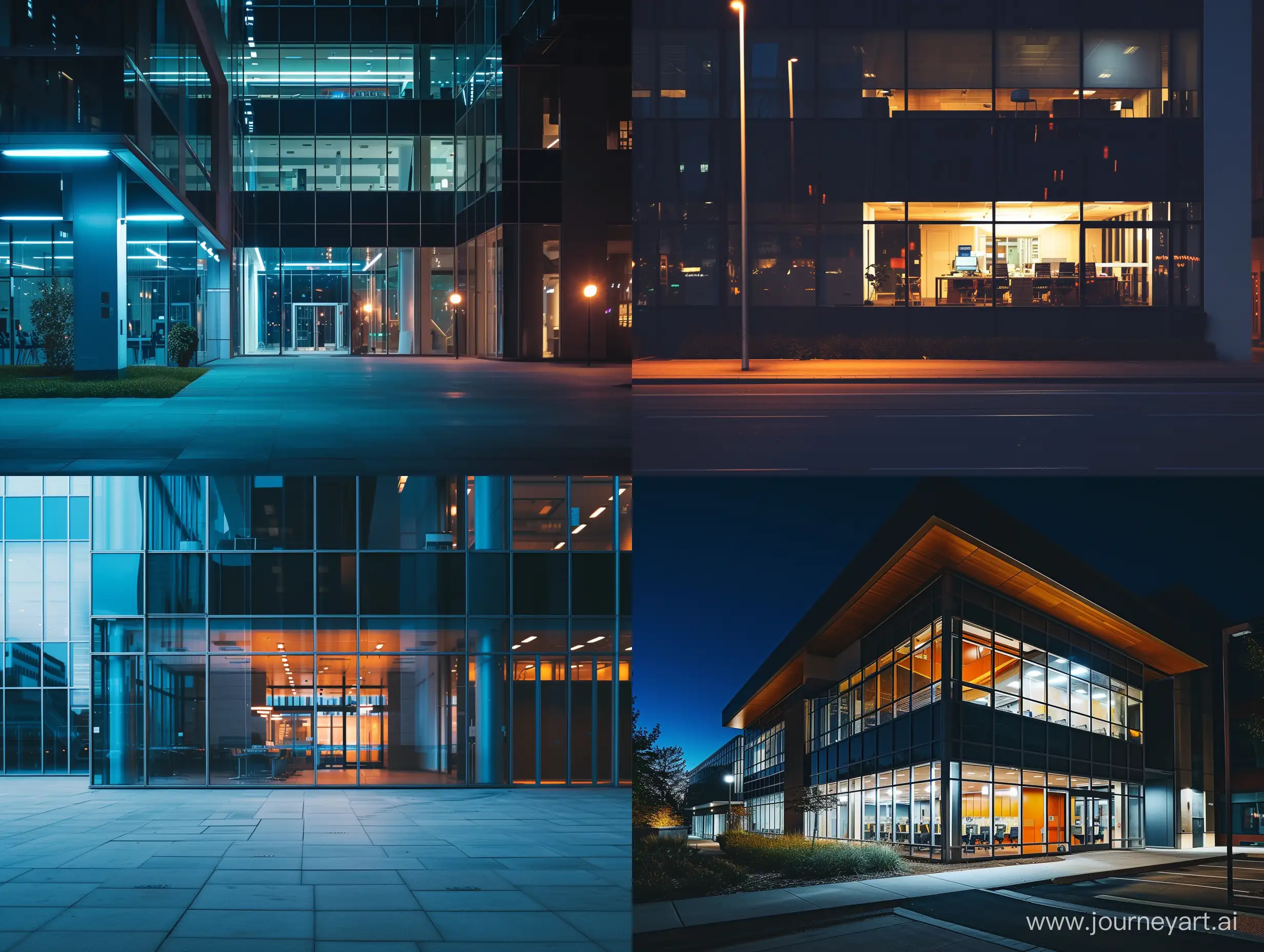 A cinematic photo of a modern office exterior at night