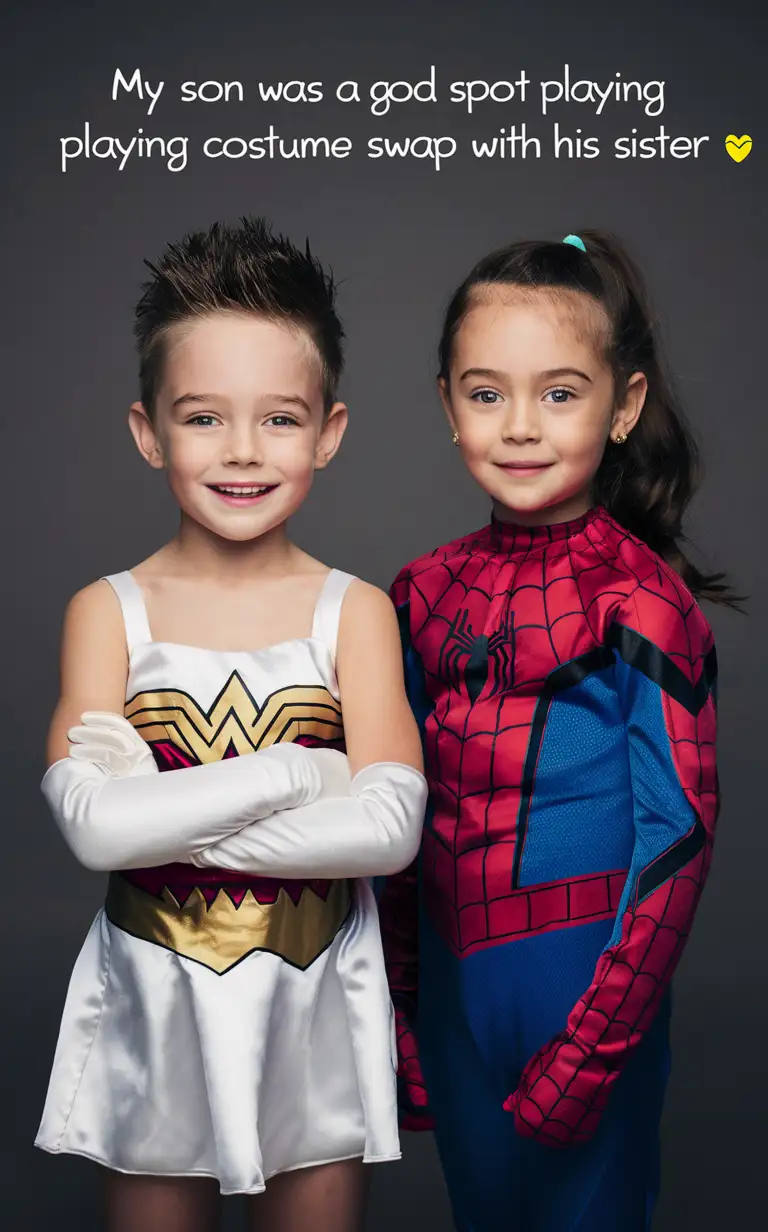 (((Gender role reversal))), colourful Photograph of two little white-skinned children, a cute 7-year-old boy with short smart spiky hair, and his sister a 8-year-old girl with long hair in a ponytail getting ready in their kitchen, the boy is wearing a frilly Wonder Woman dress white silky long gloves, the girl is wearing a Spider-Man superhero suit, adorable, clear faces, perfect faces, perfect eyes, perfect noses, the photograph is captioned “My son was a good sport playing costume swap with his sister 😭😭😭”