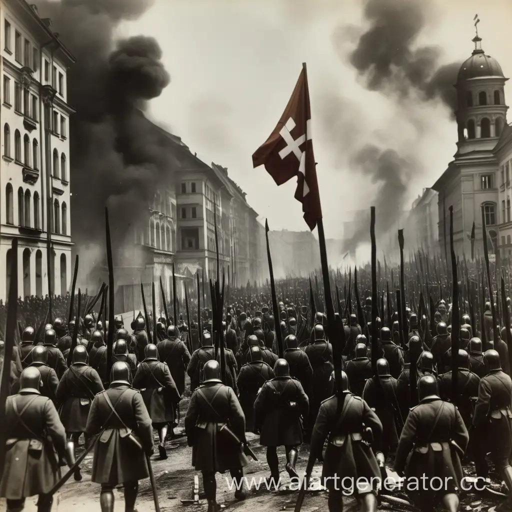 Австрийские войска с флагими свяшенно римской империи  входят в горящий берлин