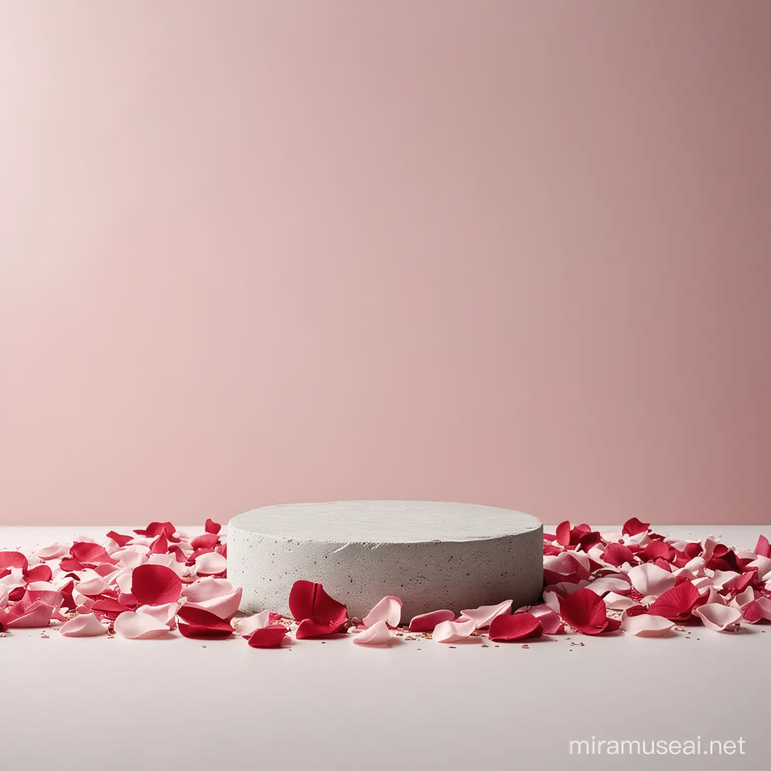 Frontal shot, highly realistic composition for a cosmetic product shoot, space for product and its packaging, featuring a gray-white stone circular base in the middle, occupying about 1/4 of the shot, with empty space on it, scattered around are light red rose petals, with a white wall adorned with decorative elements in the background, all in white, light pink, and gold accents.