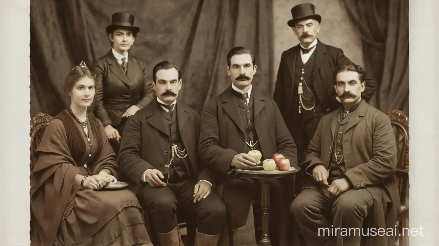 Timetravellers, they are disguised like people from 1900, pastel colours, the third person from the left (with the moustache) has an apple wristwatch