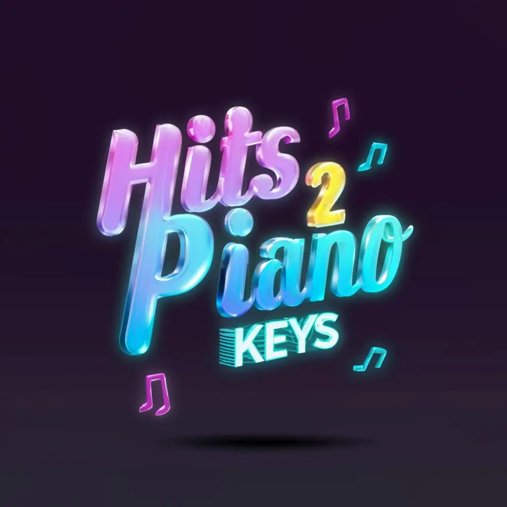 a logo design,with the text "Hits 2 Piano Keys", main symbol:piano keys and notes played in the air, music stmnol, 3d neon blue and purple, cartoon,Moderate,be used in Internet industry,clear background