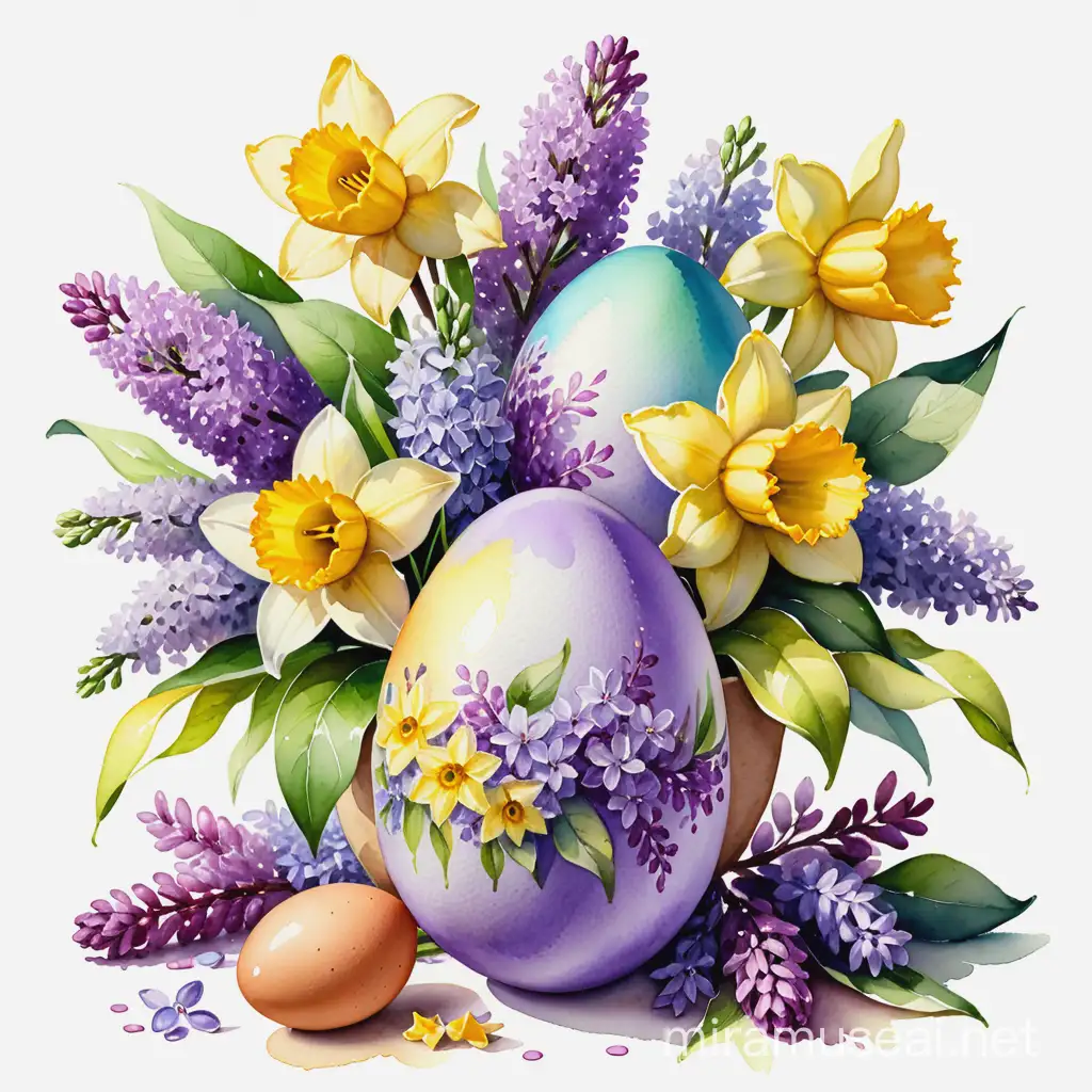 Vibrant Easter Egg with Lilac and Daffodil Bouquet on White Background