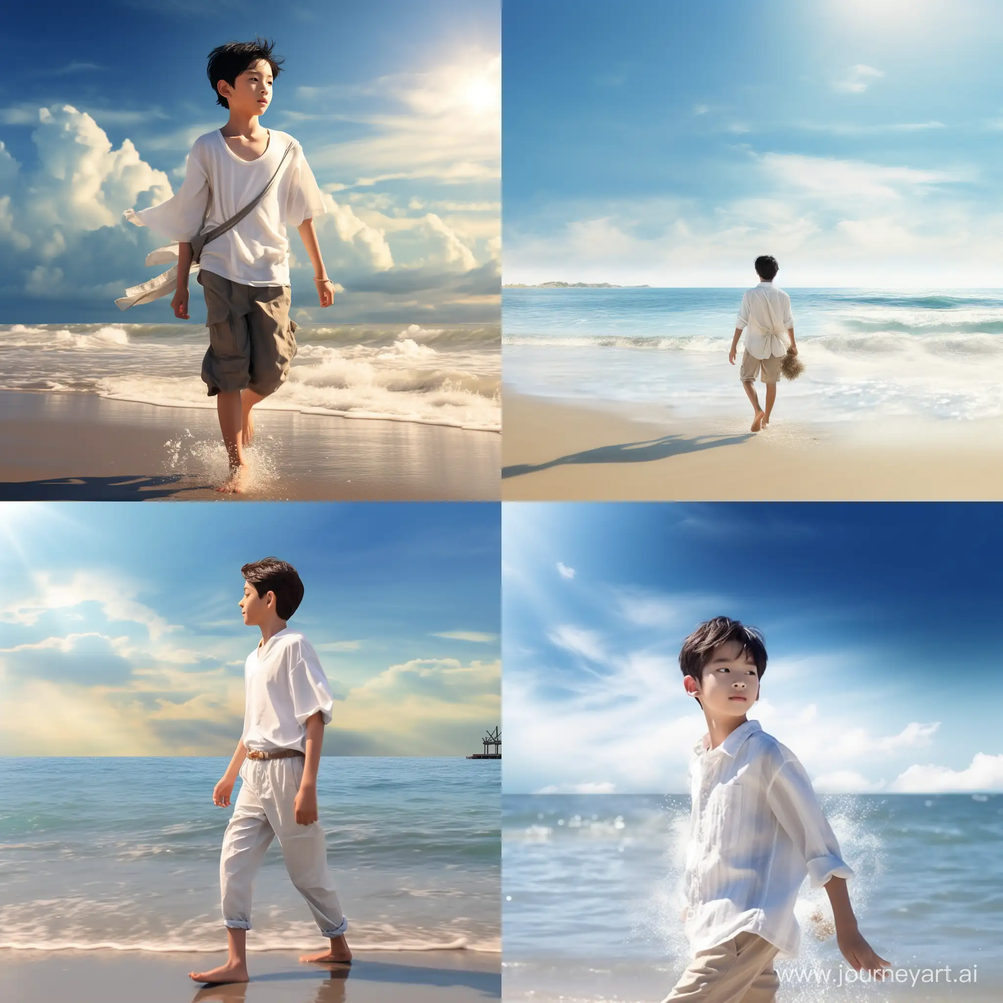 A young Asian boy in a white shirt, strolling by the seaside, with the gentle sea breeze, bright sunshine, ultra-realistic texture, cinematic lighting effects, and high-definition quality.