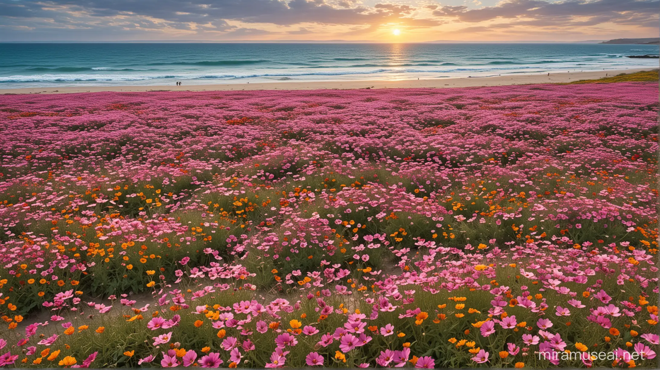 Vibrant Coastal Flower Field with Soaring Birds