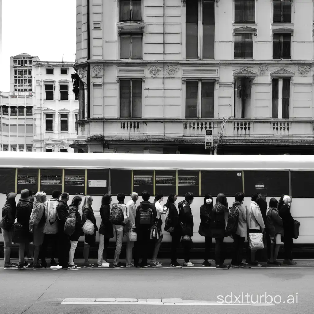 A group of people queued up waiting for the bus