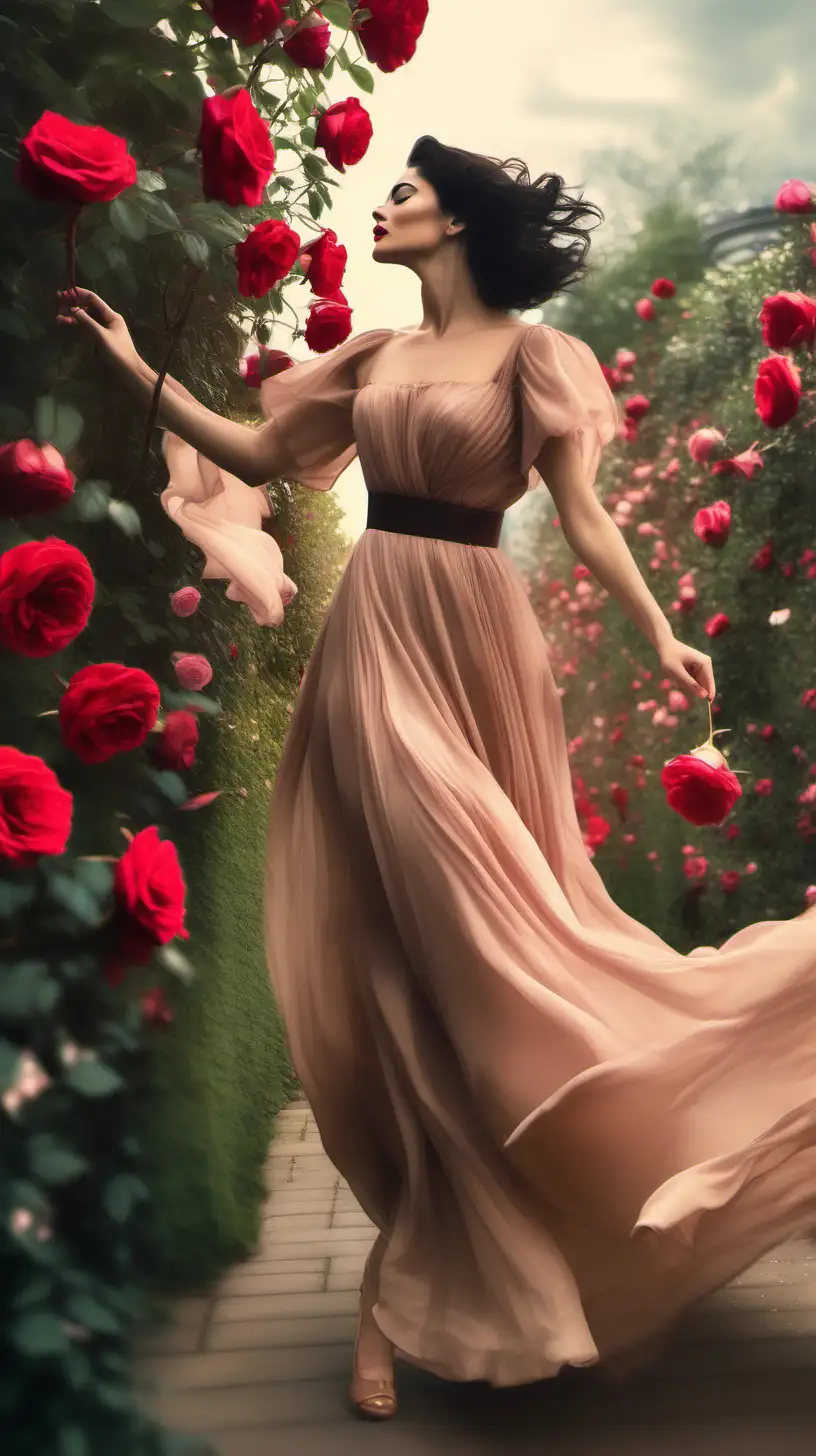 A romance-inspired, moody rose garden scene with a dark haired twirling woman with reds lips woman in a flowing neutral dress, where whimsical blossoms bloom with every step, creating a dynamic and visually captivating masterpiece that captures the delicate strength of a classy woman.
