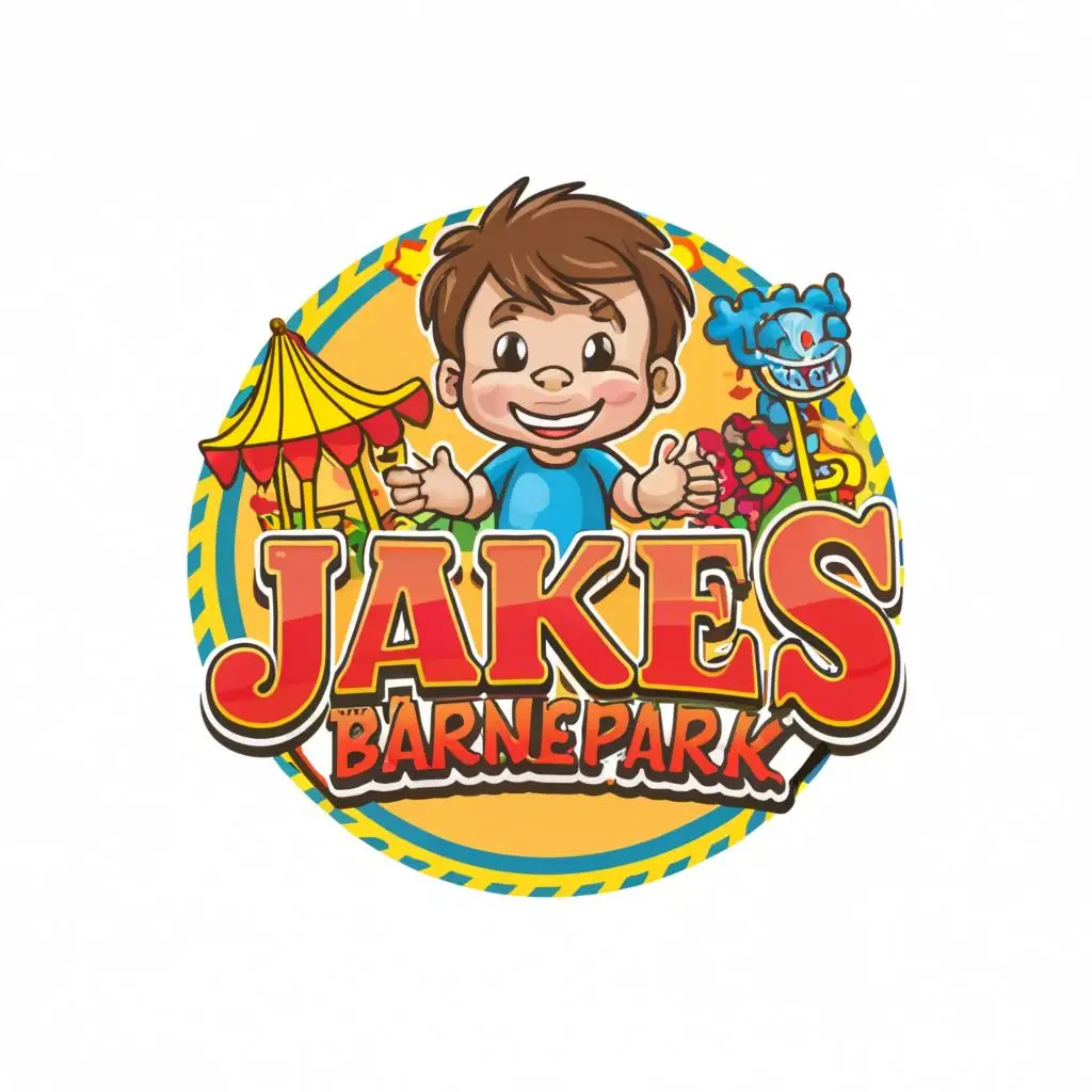 logo, Cartoon kid with funfair, with the text "Jakes Barnepark", typography