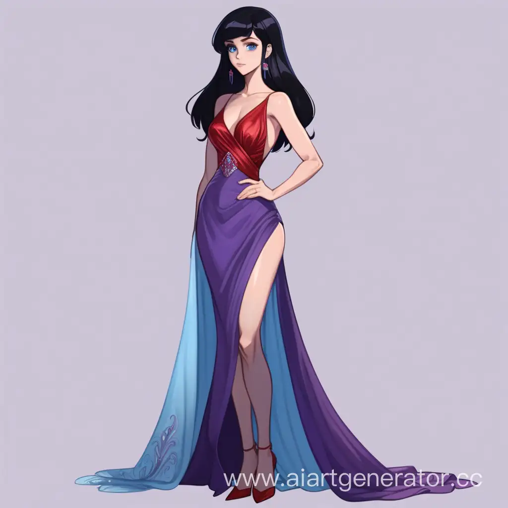 purple and red and light blue colour palette on clothes 
a grown slight muscular woman black hair with little purple 
in evening gown
blue eyes in  reference sheet style 
fullbody